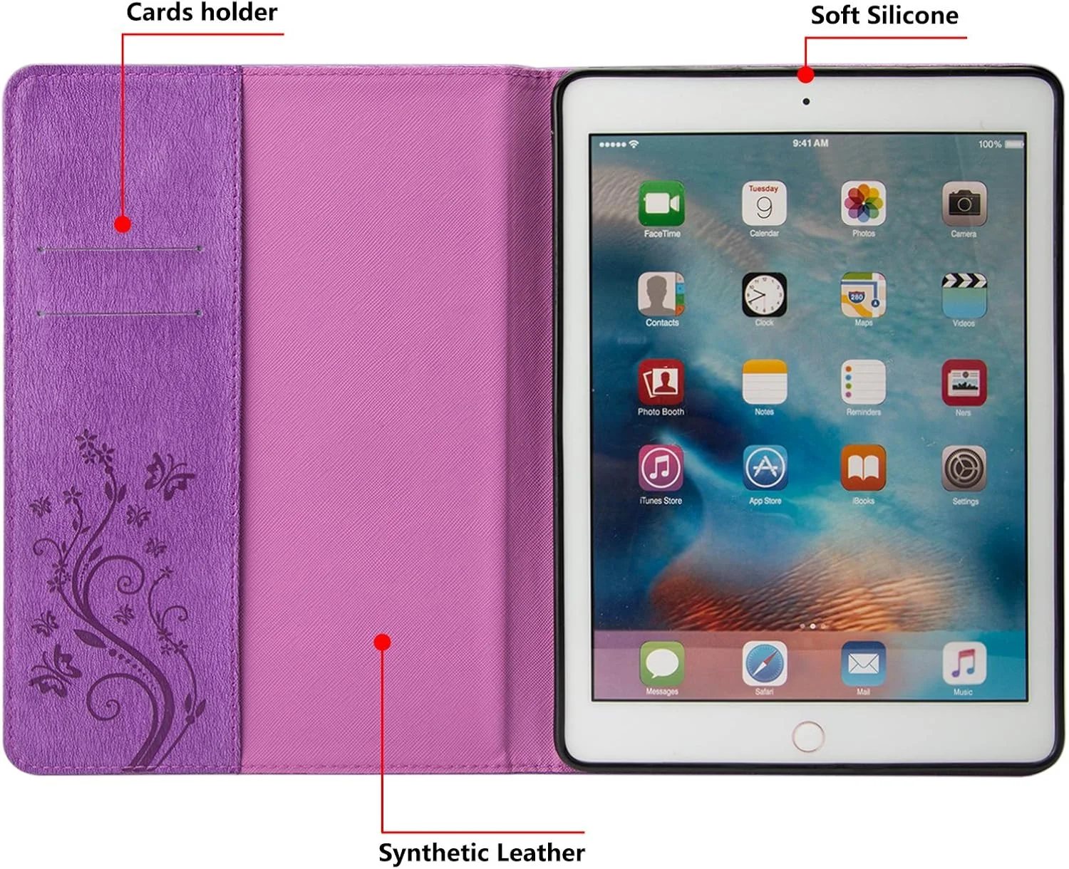 کیف محافظ چرمی Dteck مناسب برای آیپد ایر 2 تولید سال 2014، کیف پول محافظ چرمی مصنوعی با [اسلات کارت]، جلد باریک و زیبا با طرح پروانه و قابلیت استند برای تبلت 25 سانتی متری اپل آیپد ایر 2 - بنفش