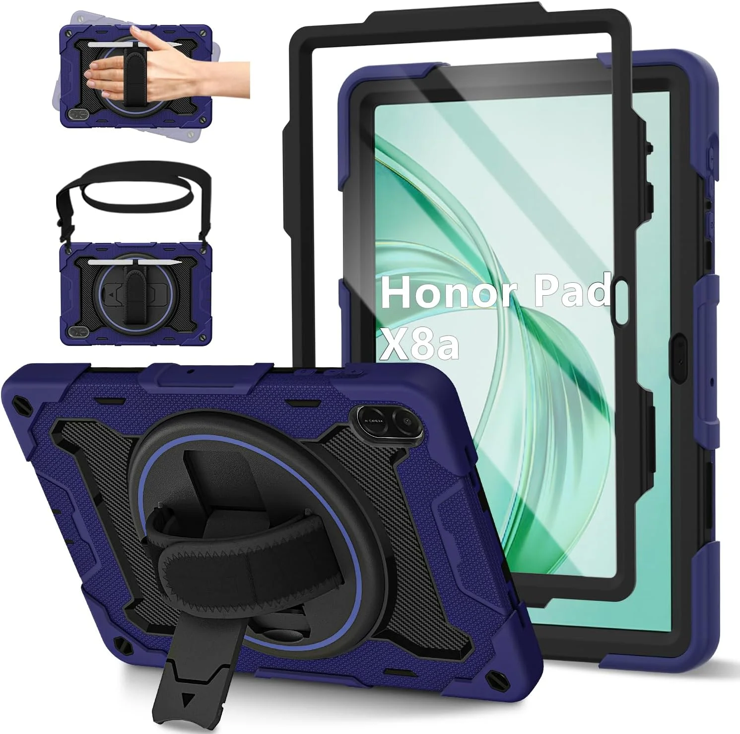 کاور محافظ تبلت آنر پد X8a مدل 2024 سایز 11 اینچ به همراه محافظ صفحه نمایش HD، ضد ضربه، مناسب کودکان، دارای استند چرخان 360 درجه/بند شانه/بند دستی/جای قلم، آبی تیره