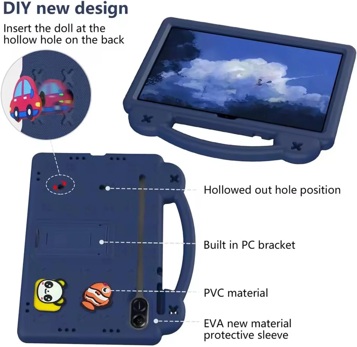 کیف تبلت کودکانه Lukione سازگار با Honor Pad X9/Pad X8 Pro 11.5 اینچ (نسخه 11.5 اینچی 2023)، روکش محافظ سبک و ضد ضربه با پایه دسته دار، طراحی زیبا DIY، بند شانه (آبی)