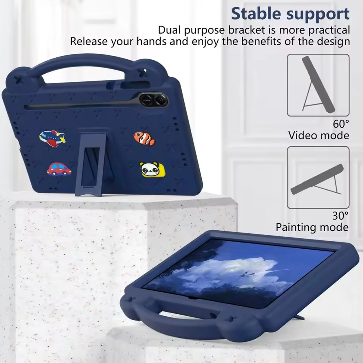 کیف تبلت کودکانه Lukione سازگار با Honor Pad X9/Pad X8 Pro 11.5 اینچ (نسخه 11.5 اینچی 2023)، روکش محافظ سبک و ضد ضربه با پایه دسته دار، طراحی زیبا DIY، بند شانه (آبی)