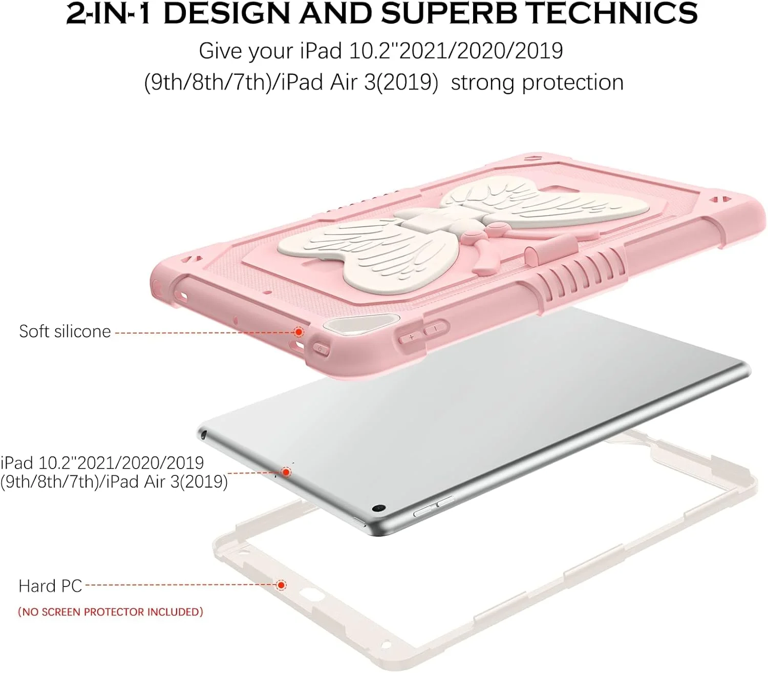 کیف 10.2 اینچی مناسب برای آیپد نسل 9، 8 و 7، کیف آیپد ایر 3 با نگهدارنده مداد، پایه پروانه‌ای دخترانه محافظ برای آیپد نسل 9، 8 و 7 (صورتی)