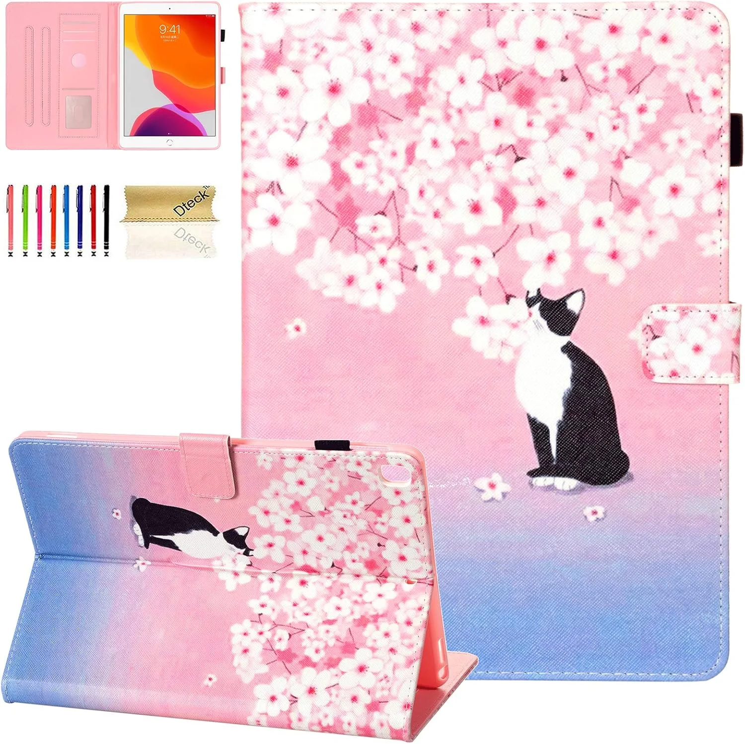 کاور محافظ تبلت Dteck مناسب برای آیپد ایر (نسل سوم) و آیپد پرو 2017 10.5 اینچی / آیپد نسل هفتم 10.2 اینچی 2019، کیف پول چرمی هوشمند با طرح زیبا به همراه قلم استایلوس (گربه گیلاس صورتی)