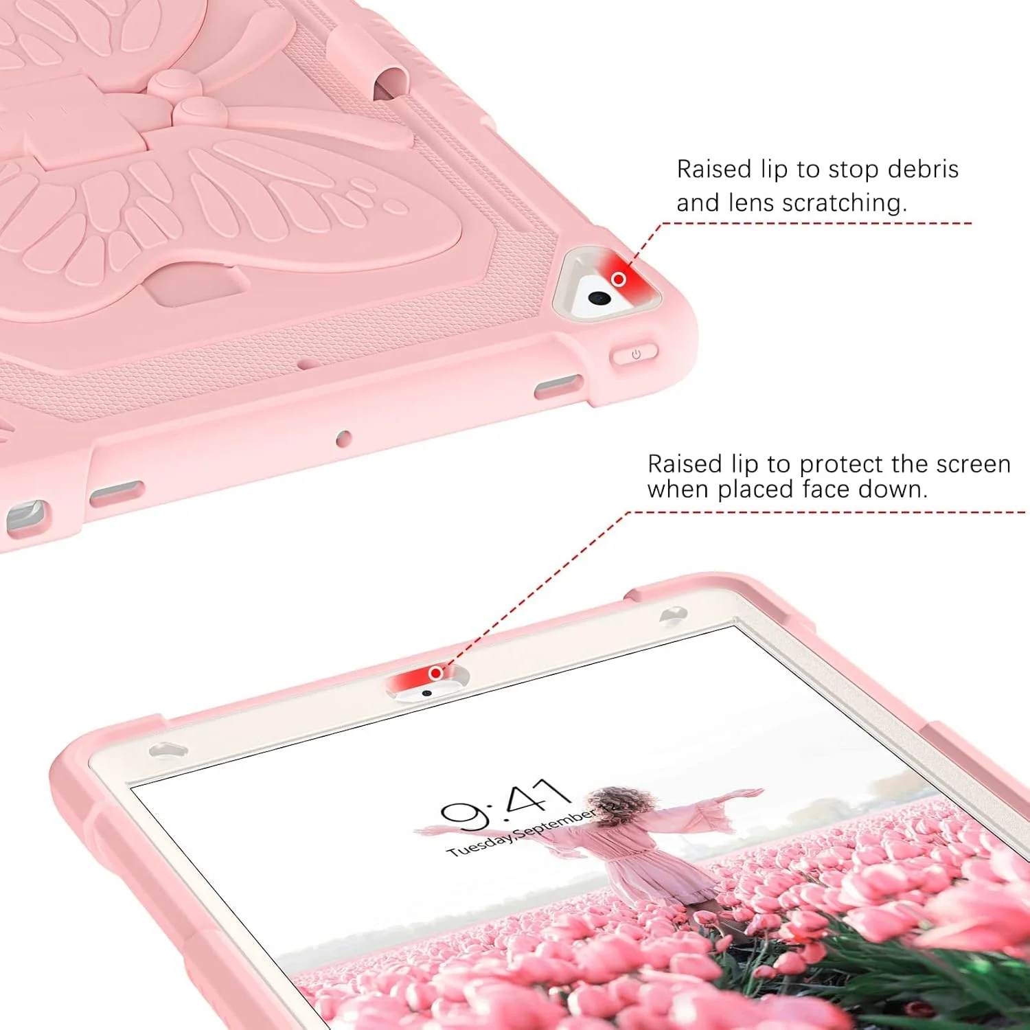 کیف 10.2 اینچی مناسب برای آیپد نسل 9، 8 و 7، کیف آیپد ایر 3 با نگهدارنده مداد، پایه پروانه‌ای دخترانه محافظ برای آیپد نسل 9، 8 و 7 (صورتی)