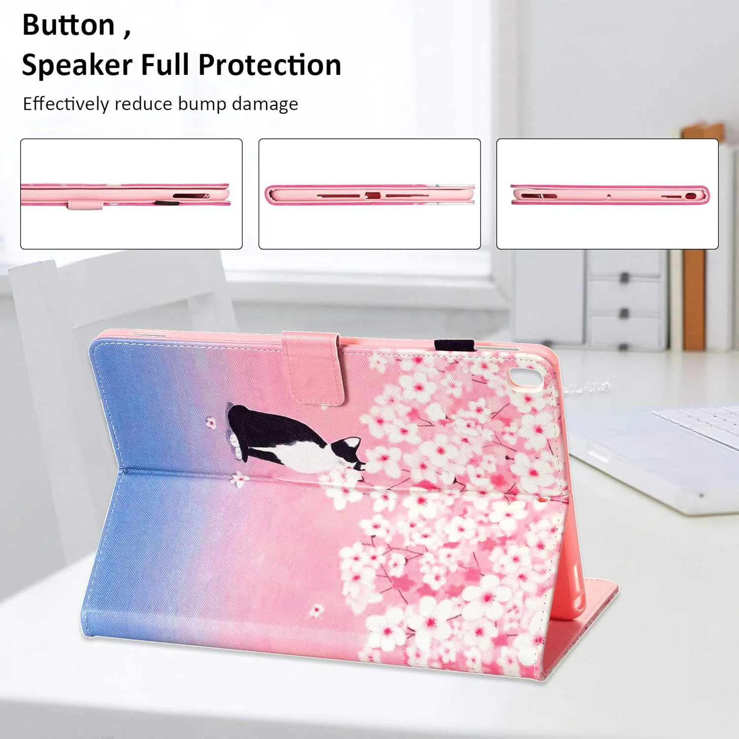 کاور محافظ تبلت Dteck مناسب برای آیپد ایر (نسل سوم) و آیپد پرو 2017 10.5 اینچی / آیپد نسل هفتم 10.2 اینچی 2019، کیف پول چرمی هوشمند با طرح زیبا به همراه قلم استایلوس (گربه گیلاس صورتی)