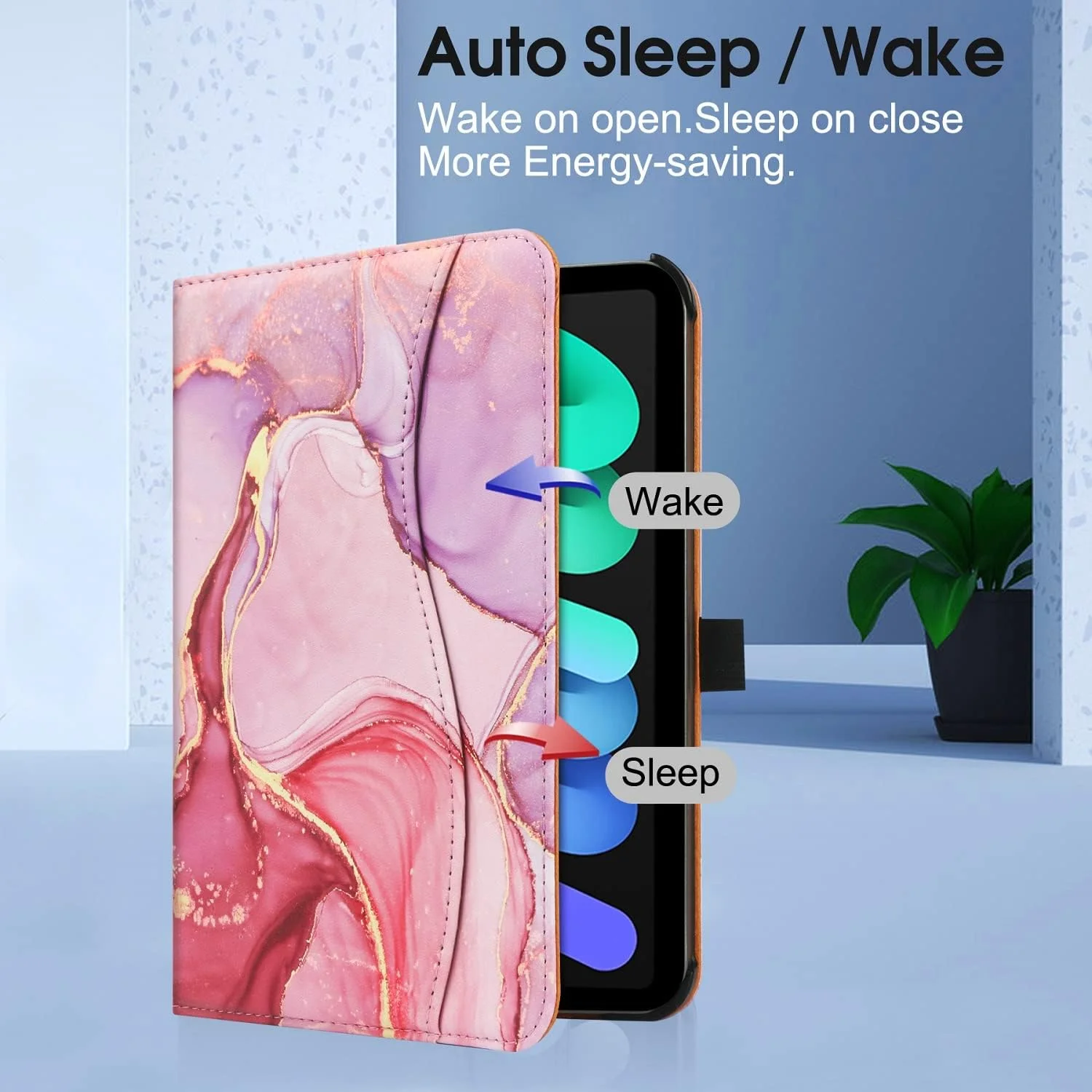 کیف محافظ آیپد مینی 6 FANRTE مدل 2021 (نسل ششم)، جلد هوشمند چرمی PU با کیفیت عالی، زوایای دید چندگانه و عملکرد بیدار و خواب خودکار برای آیپد مینی 6 8.3 اینچی (مرمر صورتی)