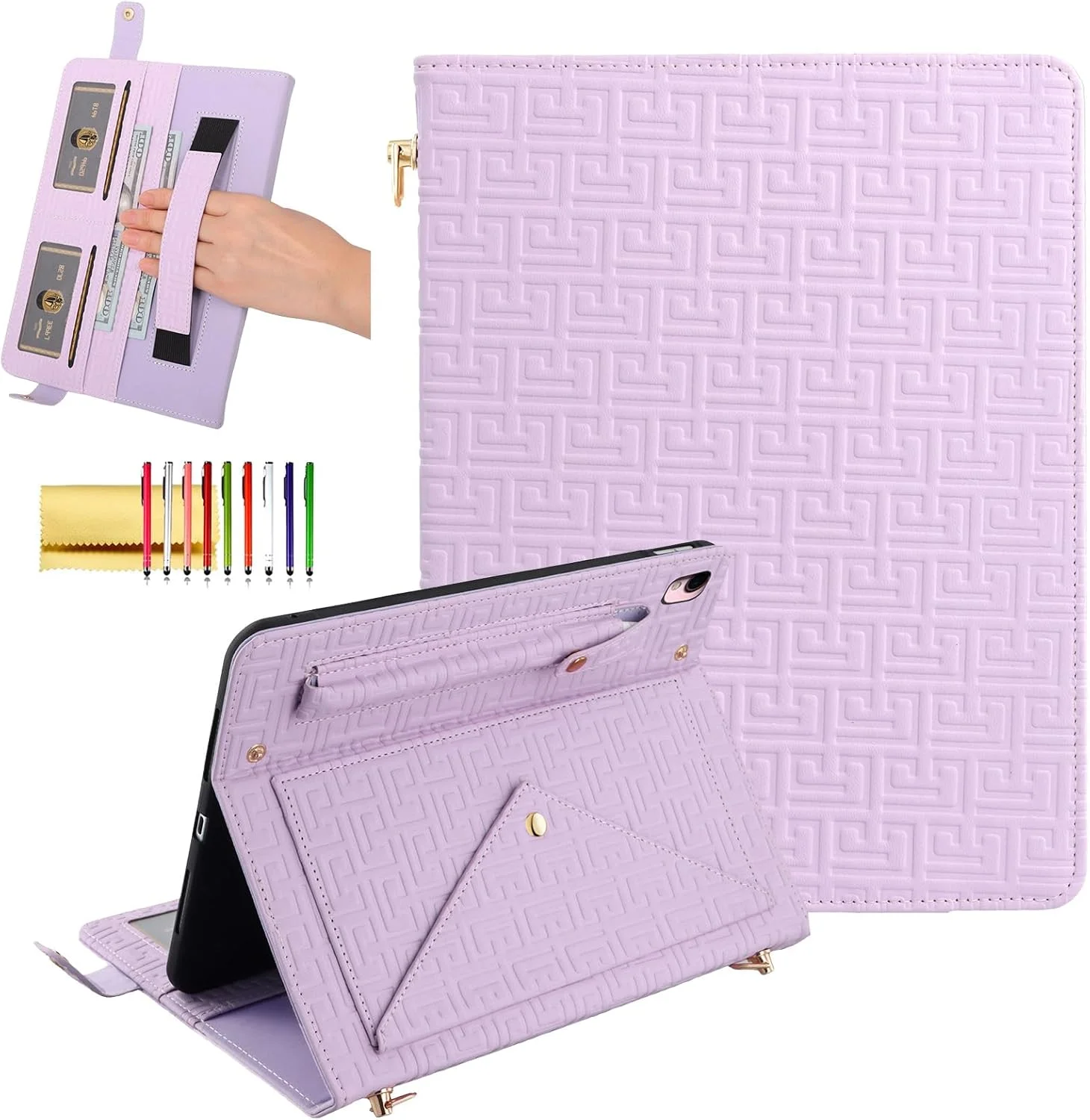 کیف دستی Dteck مناسب برای آیپد نسل نهم/هشتم/هفتم 2021/2020/2019 10.2 اینچی با نگهدارنده مداد، کیف تاشو چرمی PU با بند شانه ای ضربدری، بند دستی، جیب کارت، کیف پول پاکتی مغناطیسی، بنفش