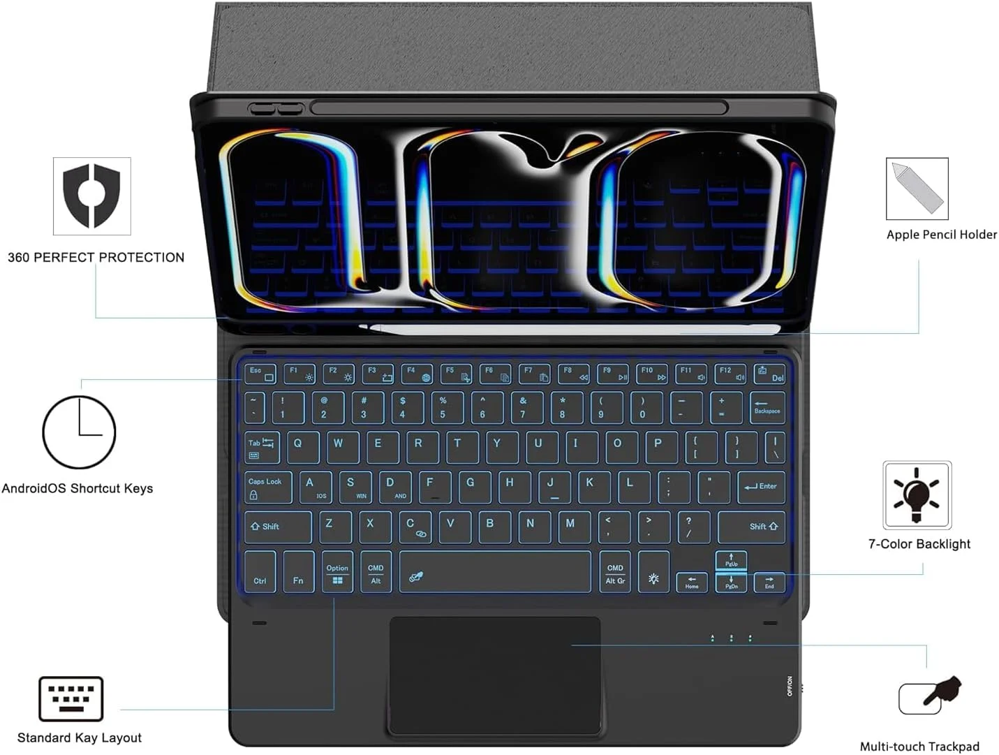کیبورد و کیس لمسی Muzz برای آیپد پرو 11 M4 2024 (A2837,A3006,A2836) با ترک‌پد چند لمسی - کیس کیبورد تبلت بی‌سیم جداشدنی با جای مداد برای آیپد پرو 11 اینچ 2024
