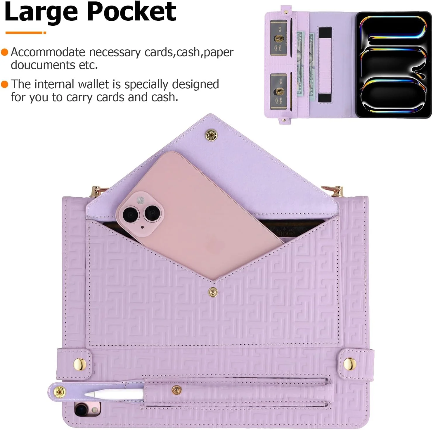 کیف دستی Dteck مناسب برای آیپد نسل نهم/هشتم/هفتم 2021/2020/2019 10.2 اینچی با نگهدارنده مداد، کیف تاشو چرمی PU با بند شانه ای ضربدری، بند دستی، جیب کارت، کیف پول پاکتی مغناطیسی، بنفش