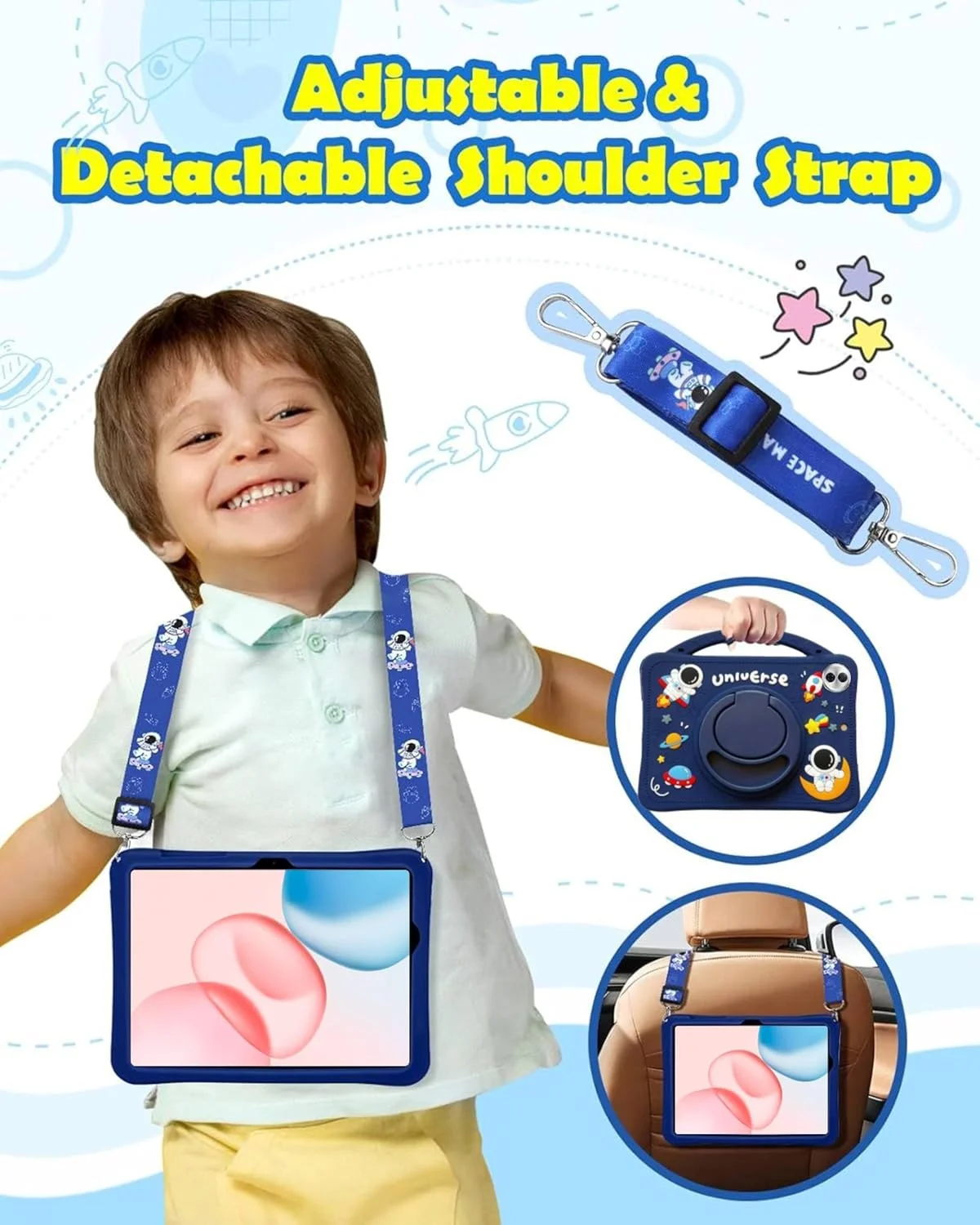 کیف محافظ کودکانه Vurtboly سازگار با تبلت آنر پد 10 12.1 اینچ 2025، کاور تبلت کودکانه فضانورد رباتی بامزه با جای مداد، دسته مقاوم در برابر ضربه و سبک وزن با بند شانه و پایه نگهدارنده
