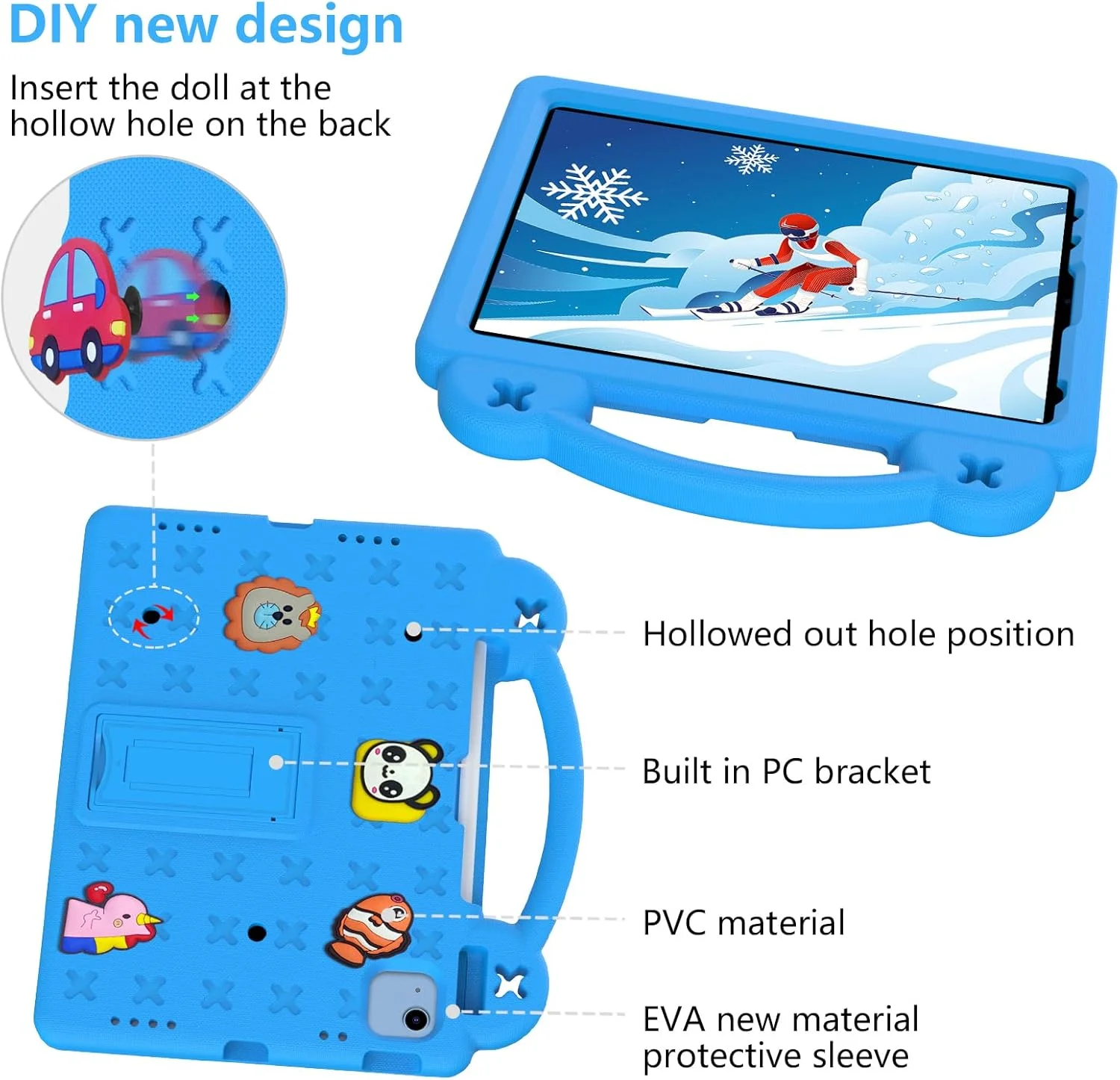 کیف آیپد نسل 10 مخصوص کودکان، ضد ضربه DIY با نگهدارنده مداد/دسته/پایه/بند شانه، کاور محافظ کودکانه تبلت برای آیپد نسل 10 (2022)/ایر 4/5 10.9 اینچ/آیپد پرو 11 (آبی)