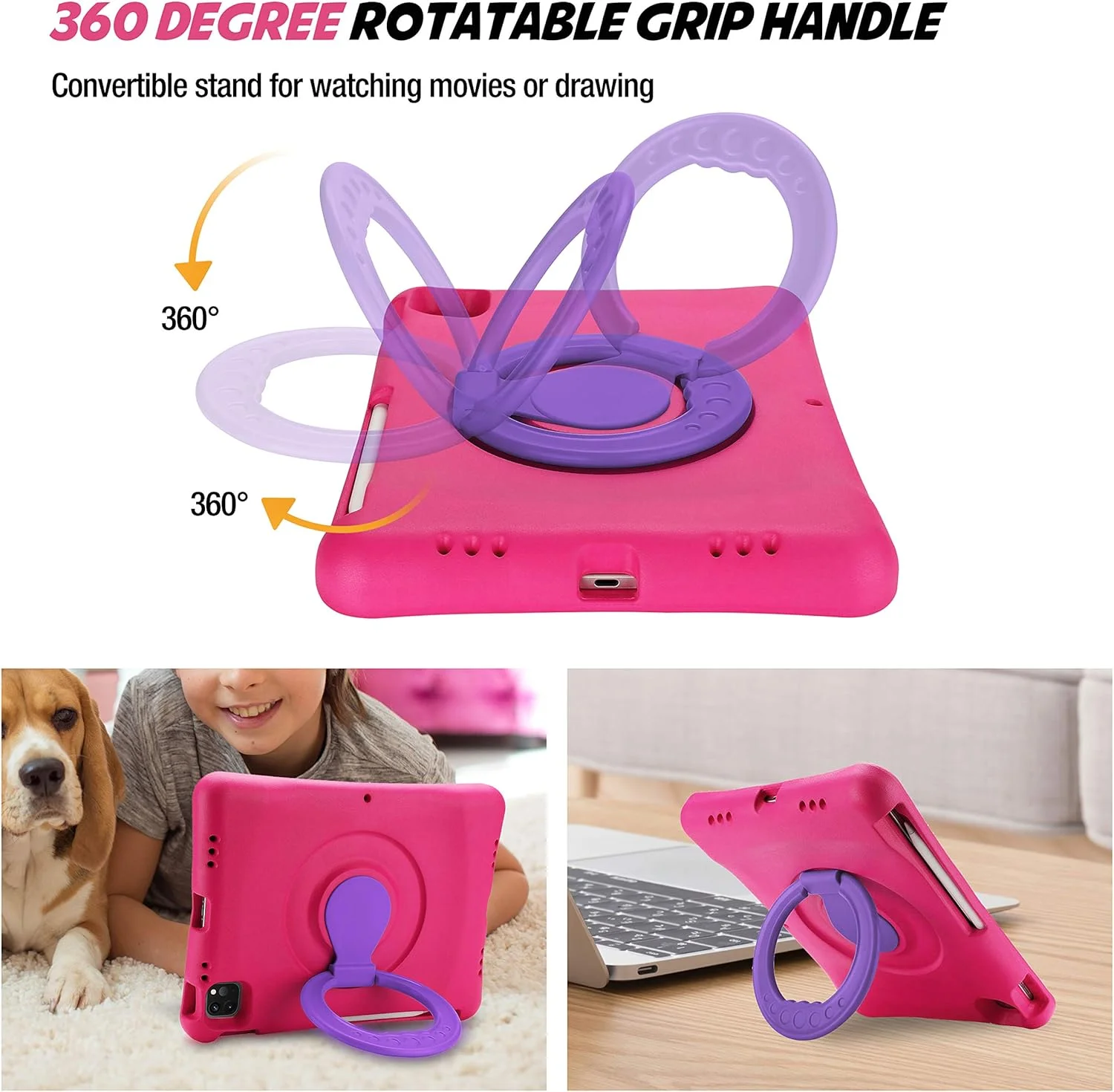 کیف محافظ کودکانه پروکیس برای آیپد ایر 10.9 اینچ نسل 5 سال 2022 / نسل 4 سال 2020 / آیپد پرو 11 سال 2020/2018، ضد ضربه با دسته چرخان و پایه تاشو، سبک و مناسب کودکان - سرخابی