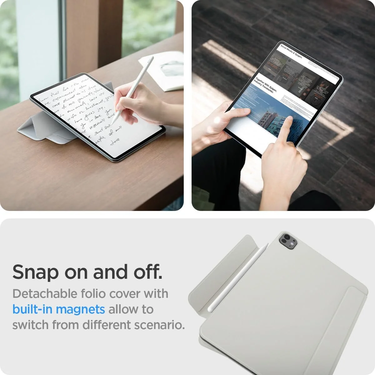 کیف تبلت اسپایگن ایر اسکین فلیو OneTap مناسب برای آیپد پرو ۱۱ اینچ (۲۰۲۴) M4، کاور فوق العاده باریک و سبک با درب کاملا جداشدنی مگنتی - خاکستری