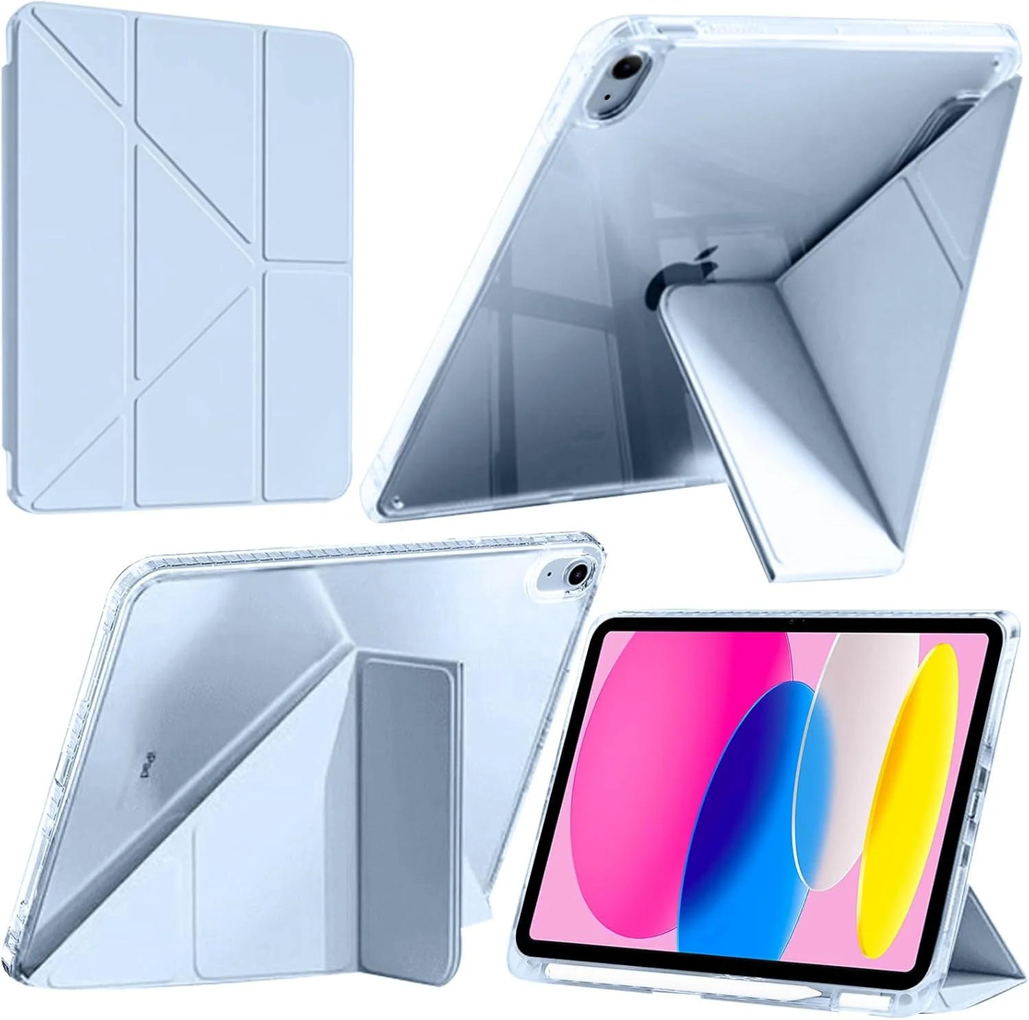 کیف A-BEAUTY سازگار با آیپد (A16) نسل 11/10 (2025/2022)، کاور شفاف ضد ضربه با نگهدارنده قلم و محل نگهداری آداپتور، استند سه تایی Y شکل 6 در 1، آبی آسمانی