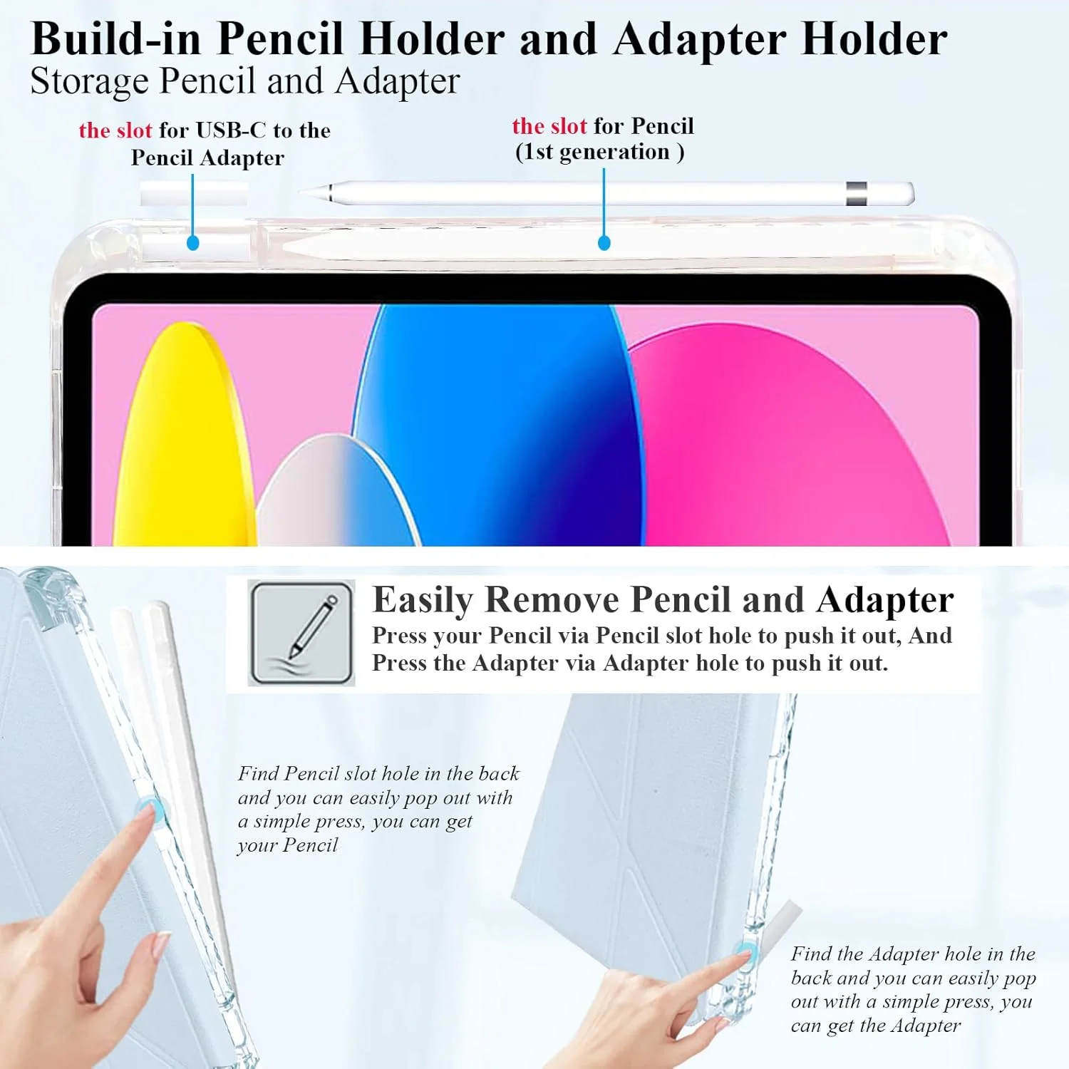 کیف A-BEAUTY سازگار با آیپد (A16) نسل 11/10 (2025/2022)، کاور شفاف ضد ضربه با نگهدارنده قلم و محل نگهداری آداپتور، استند سه تایی Y شکل 6 در 1، آبی آسمانی