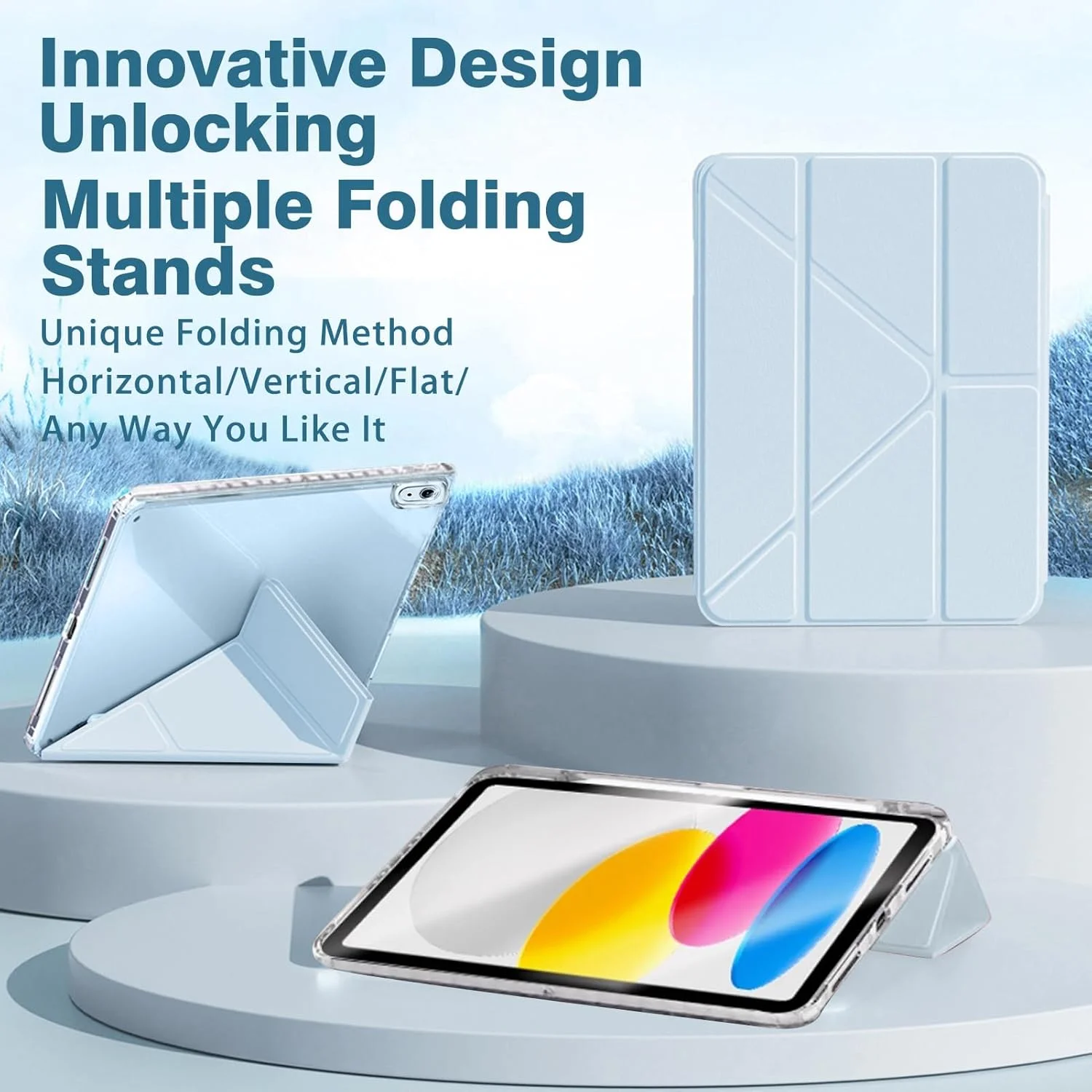 کیف A-BEAUTY سازگار با آیپد (A16) نسل 11/10 (2025/2022)، کاور شفاف ضد ضربه با نگهدارنده قلم و محل نگهداری آداپتور، استند سه تایی Y شکل 6 در 1، آبی آسمانی