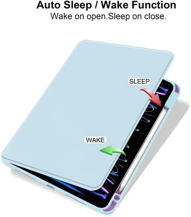 کیف چرخشی Muzz برای آیپد پرو ۱۳ اینچ M4 (۲۰۲۴) با قابلیت چرخش ۳۶۰ درجه، استند محافظ و جای قلم، کاور پشتی شفاف و عملکرد بیدار/خواب خودکار، مناسب برای آیپد پرو ۱۳ ۲۰۲۴ (آبی آسمانی)