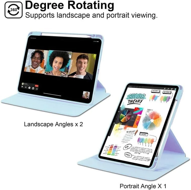 کیف چرخشی Muzz برای آیپد پرو ۱۳ اینچ M4 (۲۰۲۴) با قابلیت چرخش ۳۶۰ درجه، استند محافظ و جای قلم، کاور پشتی شفاف و عملکرد بیدار/خواب خودکار، مناسب برای آیپد پرو ۱۳ ۲۰۲۴ (آبی آسمانی)