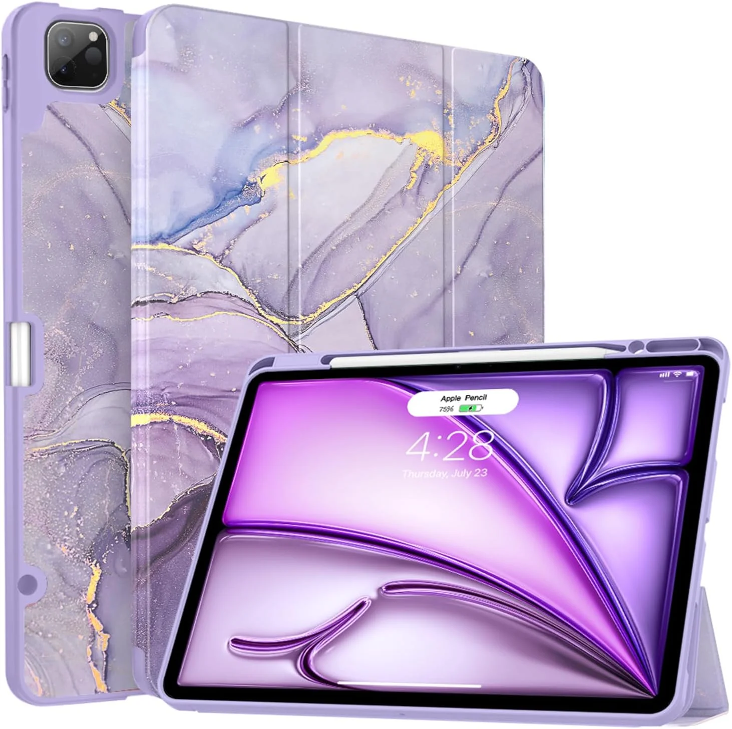کاور سوکه برای آیپد ایر ۱۳ اینچی (M3/M2، ۲۰۲۵-۲۰۲۴)، آیپد پرو ۱۲.۹ اینچی نسل ششم/پنجم با جای قلم (عرضه ۲۰۲۱ و ۲۰۲۲) - [شارژ قلم اپل + بیدار/خواب خودکار] کاور پشتی نرم، مرمر یاسی