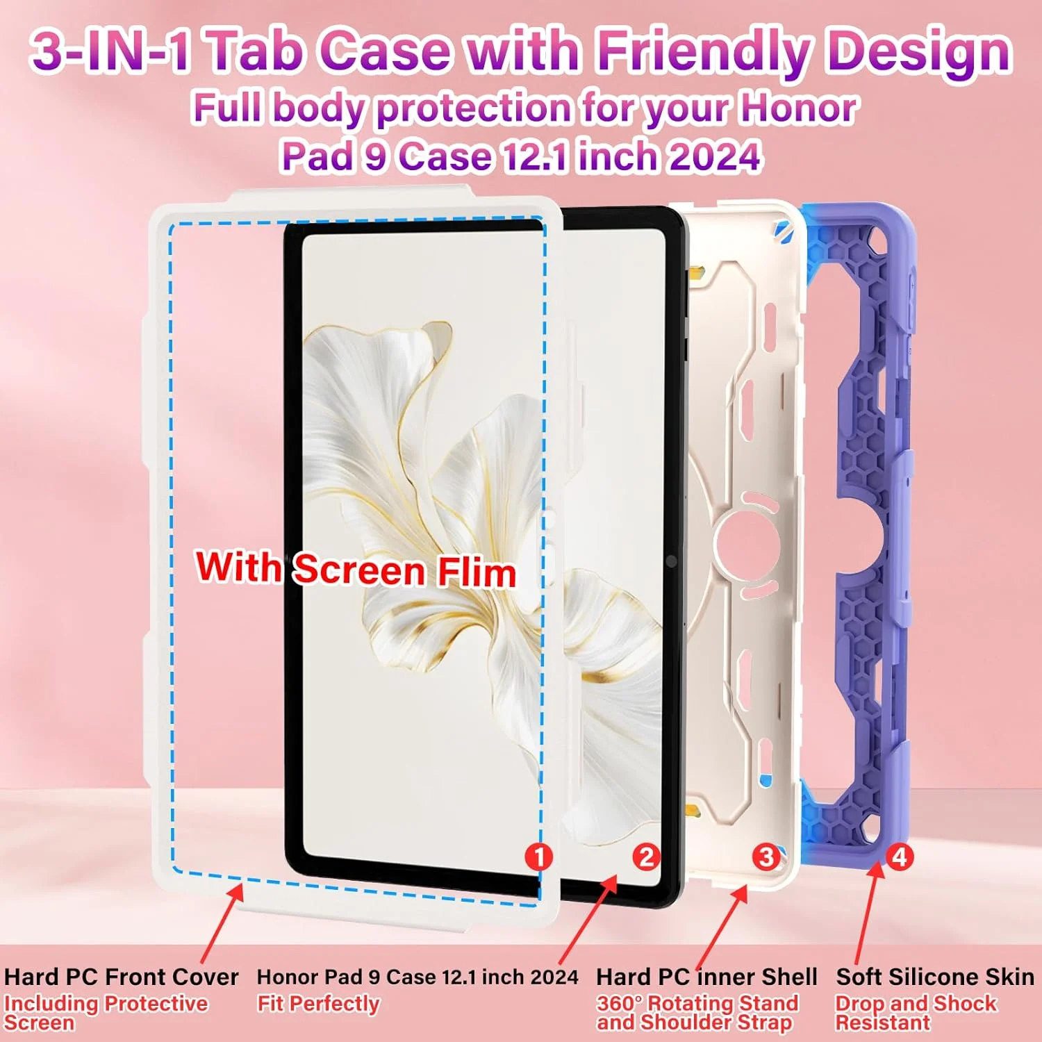 کاور مقاوم و سنگین ROISKIN برای تبلت آنر پد 9 سایز 12.1 اینچ 2024 به همراه محافظ صفحه نمایش، استند چرخان، جای قلم و بند شانه - صورتی