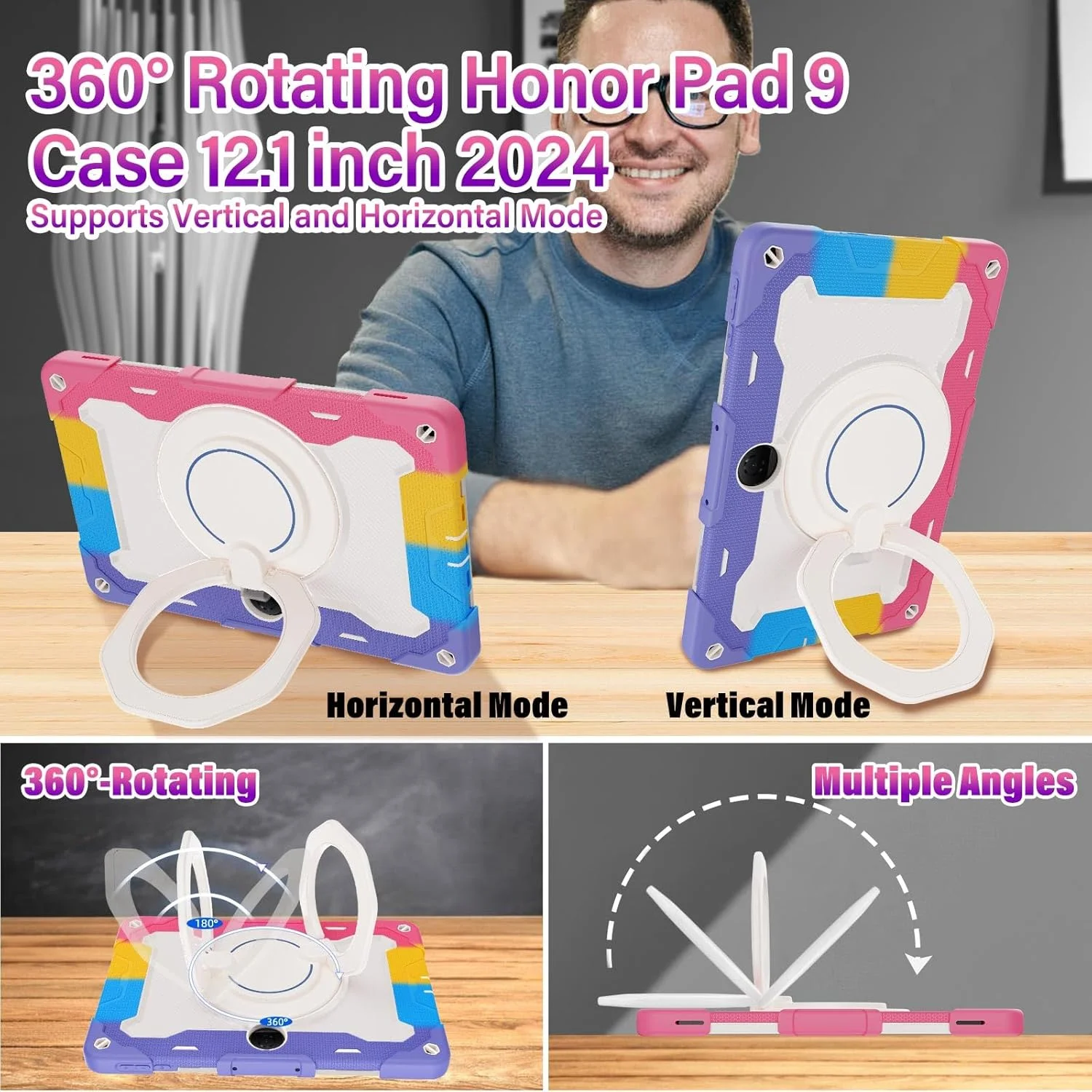 کاور مقاوم و سنگین ROISKIN برای تبلت آنر پد 9 سایز 12.1 اینچ 2024 به همراه محافظ صفحه نمایش، استند چرخان، جای قلم و بند شانه - صورتی