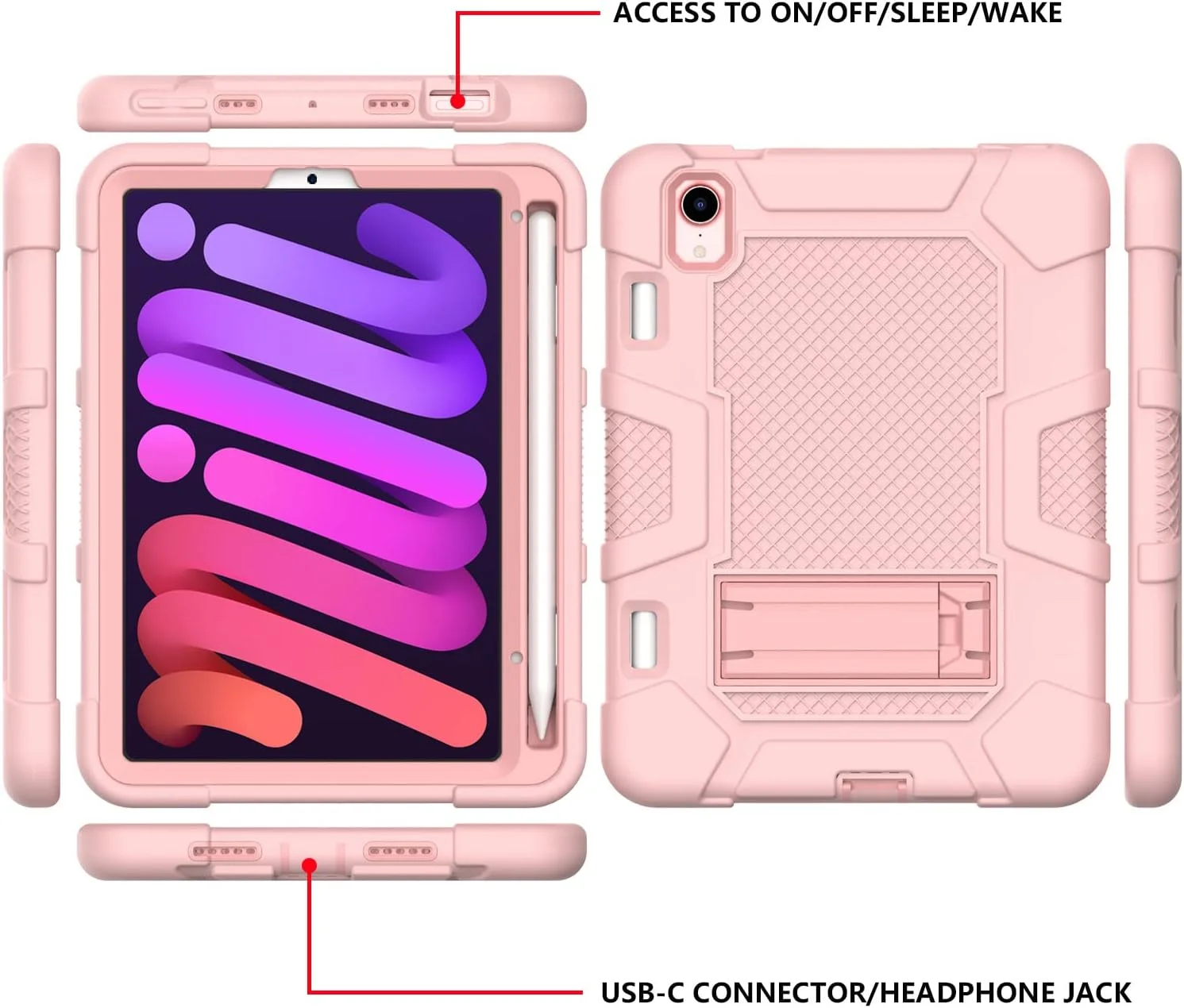 YEOU iPad mini6 2021 Case with Stand, Heavy Duty Shockproof Hard Hybrid Triple Layer Protective Case Softshell Apple Tablet Silicone Case (Rose Gold)