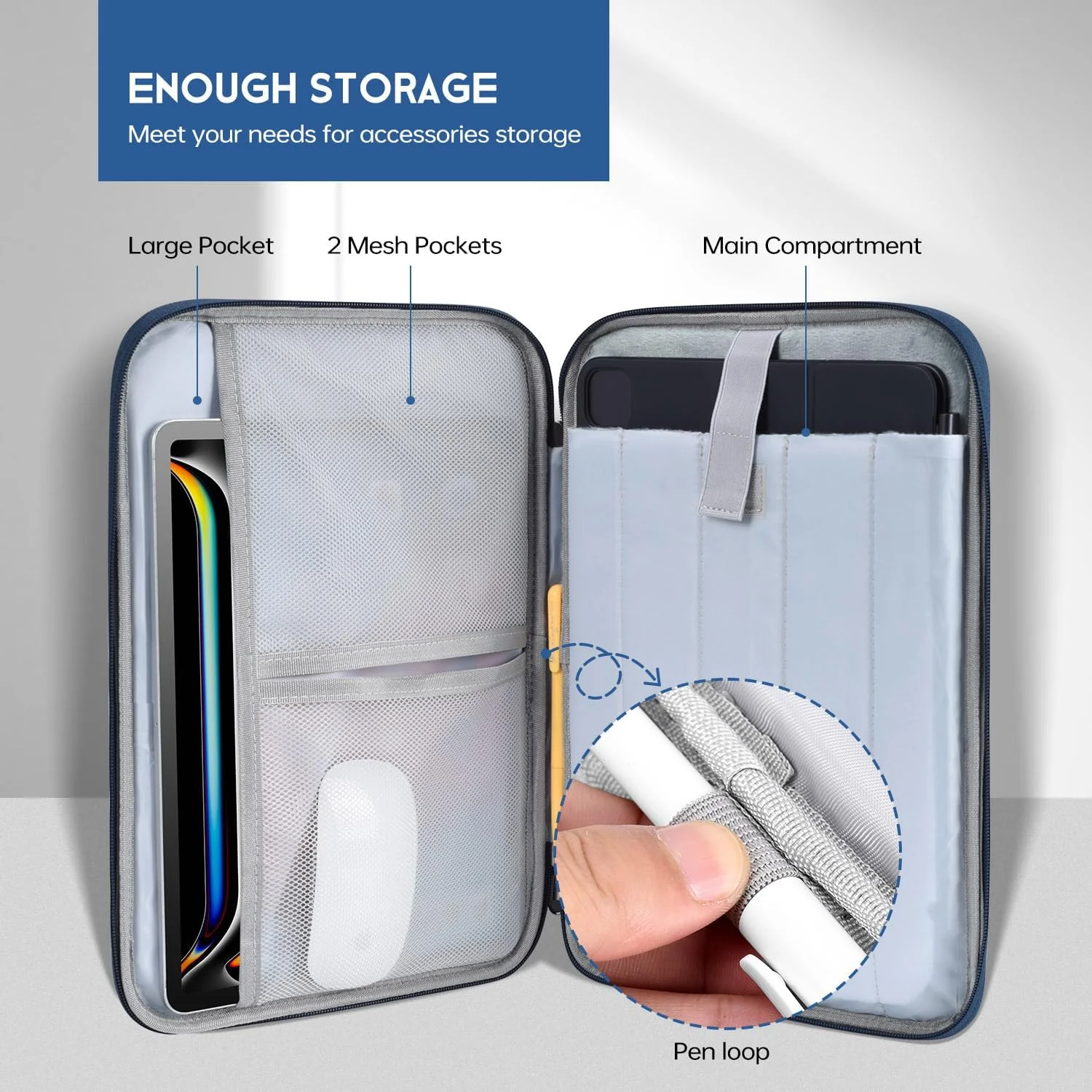 کیف آیپد پرو 12.9-13 اینچی، کاور محافظ مسافرتی پددار برای آیپد پرو 13 اینچی M4 و آیپد ایر 13 اینچی M2 M3 (2025) مجیک کیبورد، کیف نرم آیپد ضد آب و ضد ضربه با جیب لوازم جانبی - آبی