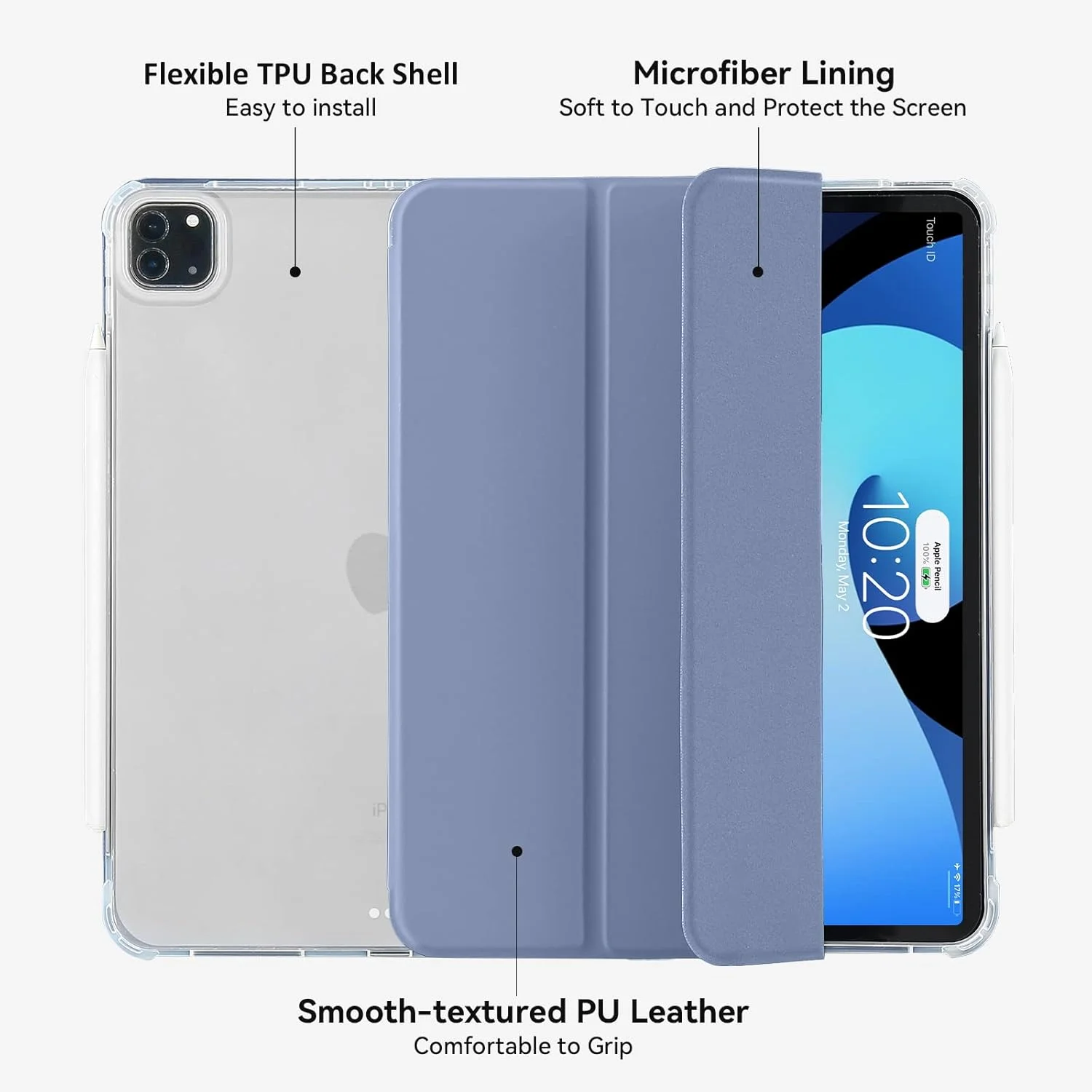 کاور 4UBonLife برای آیپد پرو 11 اینچ 2022/2021/2020/2018 (نسل 4/3/2/1) با جای قلم، کاور باریک استند، کاور پشتی TPU نرم، پشتیبانی از شارژ بی سیم قلم نسل 2، خاکستری اسطوخودوسی