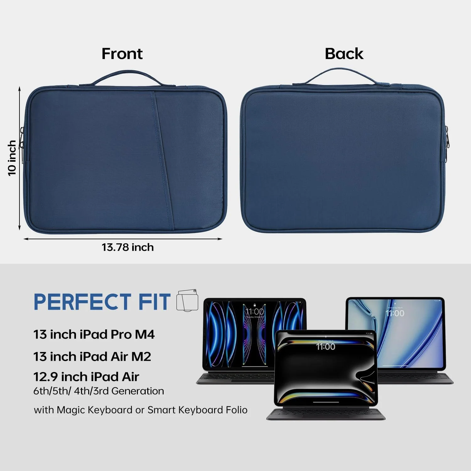 کیف آیپد پرو 12.9-13 اینچی، کاور محافظ مسافرتی پددار برای آیپد پرو 13 اینچی M4 و آیپد ایر 13 اینچی M2 M3 (2025) مجیک کیبورد، کیف نرم آیپد ضد آب و ضد ضربه با جیب لوازم جانبی - آبی