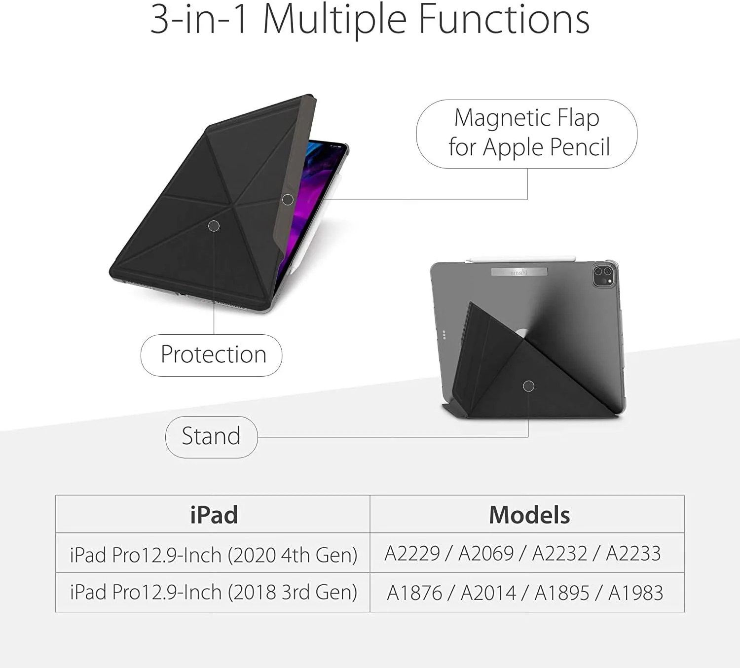 کیف تاشو و استند اوریگامی Moshi VersaCover برای آیپد پرو 12.9 (20202018) به همراه نگهدارنده قلم اپل (مشکی ذغالی)