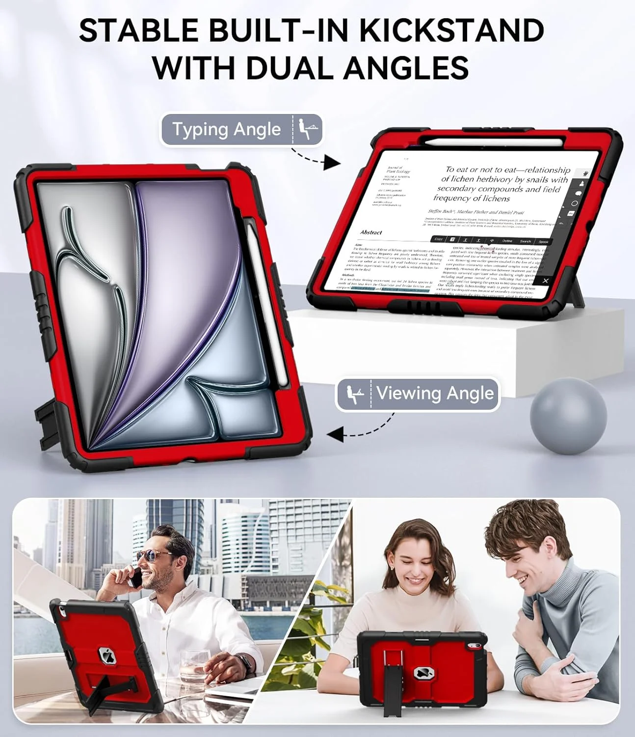 کاور OKP برای آیپد ایر ۱۳ اینچ M3 (2025)، برای آیپد ایر ۱۳ اینچ M2 (2024)، کاور محافظتی مقاوم در برابر ضربه و بادوام آیپد ایر ۱۳ اینچی با جای مداد و پایه داخلی، مشکی+قرمز