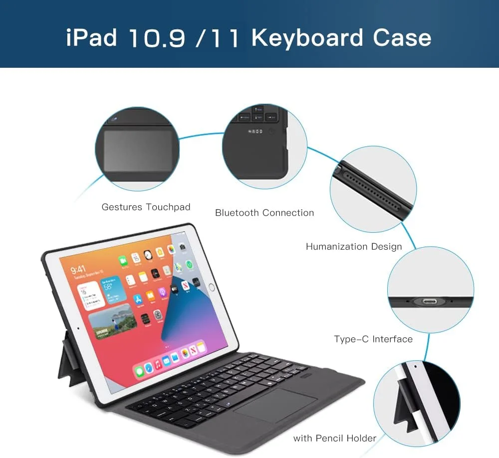 کیبورد Ewin با ترک‌پد برای آیپد ایر 4 10.9 اینچ 2020، کیبورد بلوتوث بی‌سیم با جای مداد