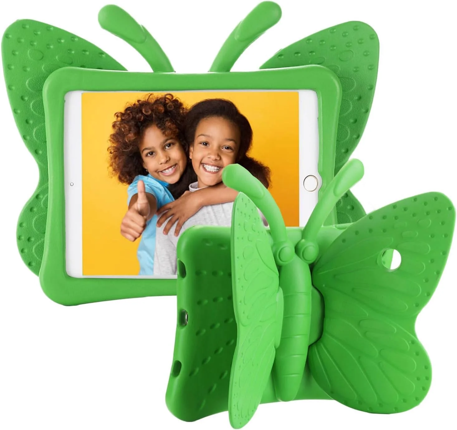 کیف آیپد نسل ششم ELTERAZONE برای کودکان، کیف آیپد 9.7 اینچی، روکش محافظ تبلت فوم سبک و مقاوم در برابر ضربه با پایه برای Apple iPad Air/Air 2 iPad 9.7 2017/2018 - طرح پروانه زیبا (سبز)