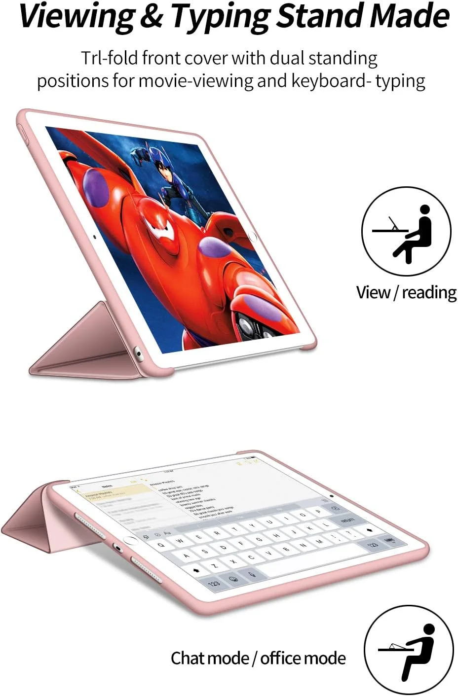 کاور آیپد ایر 2، کاور محافظ هوشمند فوق العاده باریک و سبک VAGHVEO با قابلیت استند و [خواب/بیدار شدن خودکار] به همراه روکش پشتی TPU نرم و انعطاف پذیر برای تبلت 9.7 اینچی اپل آیپد ایر 2، صورتی