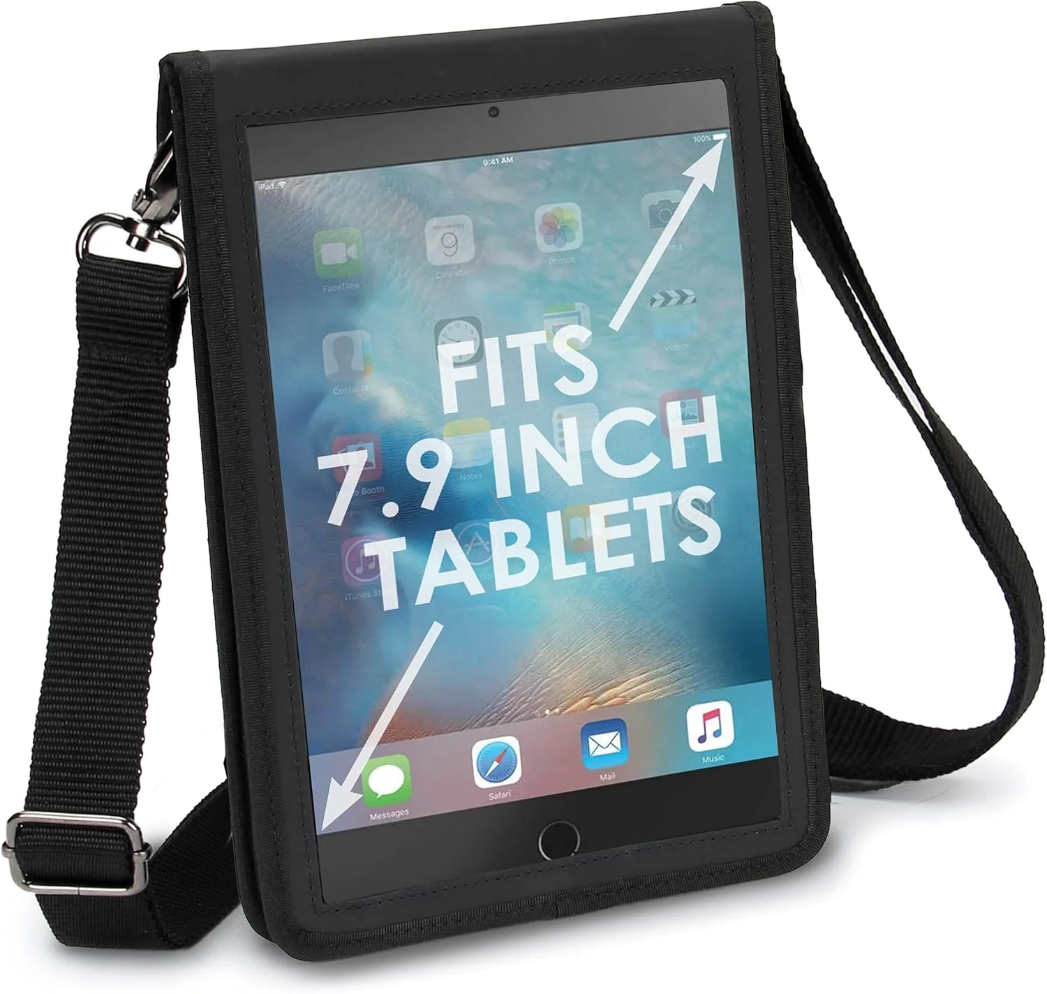 کیف محافظ آیپد مینی 4 USA Gear (مشکی) با محافظ صفحه لمسی خازنی داخلی و بند شانه قابل تنظیم - کیف مسافرتی X T7 مناسب برای تمام نسل های تبلت آیپد مینی