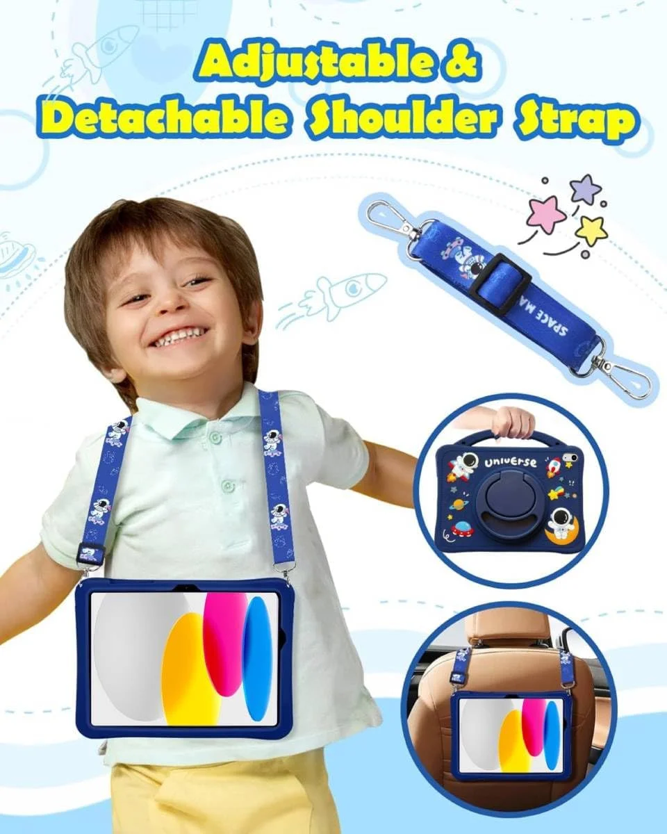 کیف محافظ کودکانه Vurtboly سازگار با آیپد (A16) نسل 11 اینچی 11" 2025 / نسل 10 اینچی 10.9" 2022، طرح فضانورد بامزه با جای مداد، ضد ضربه، سبک وزن، دارای دسته و بند شانه