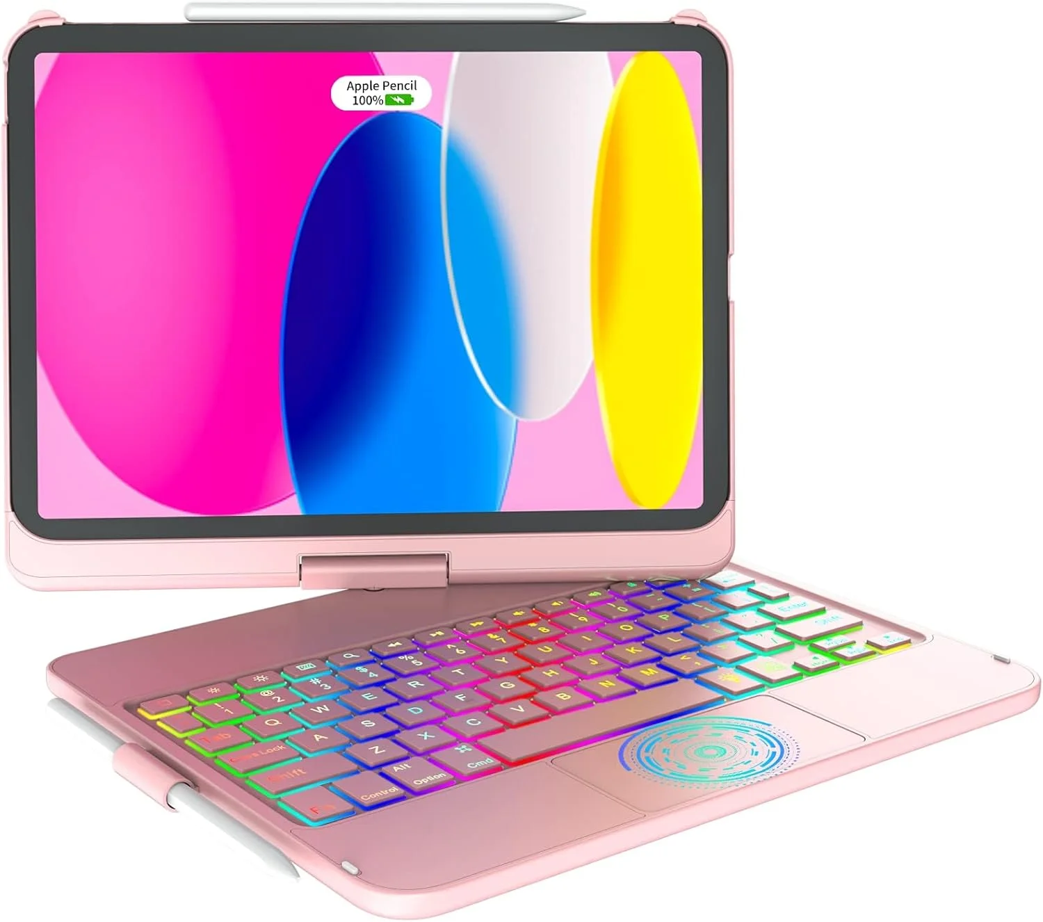 کیبورد لمسی CC Store برای آیپد (A16) نسل 11 سال 2025/نسل 10 سال 2022، دارای نور پس زمینه 7 رنگ، چرخش 360 درجه، ترک پد چند لمسی، جای مداد، سازگار با آیپد (A16) نسل 11/10 (رزگلد)