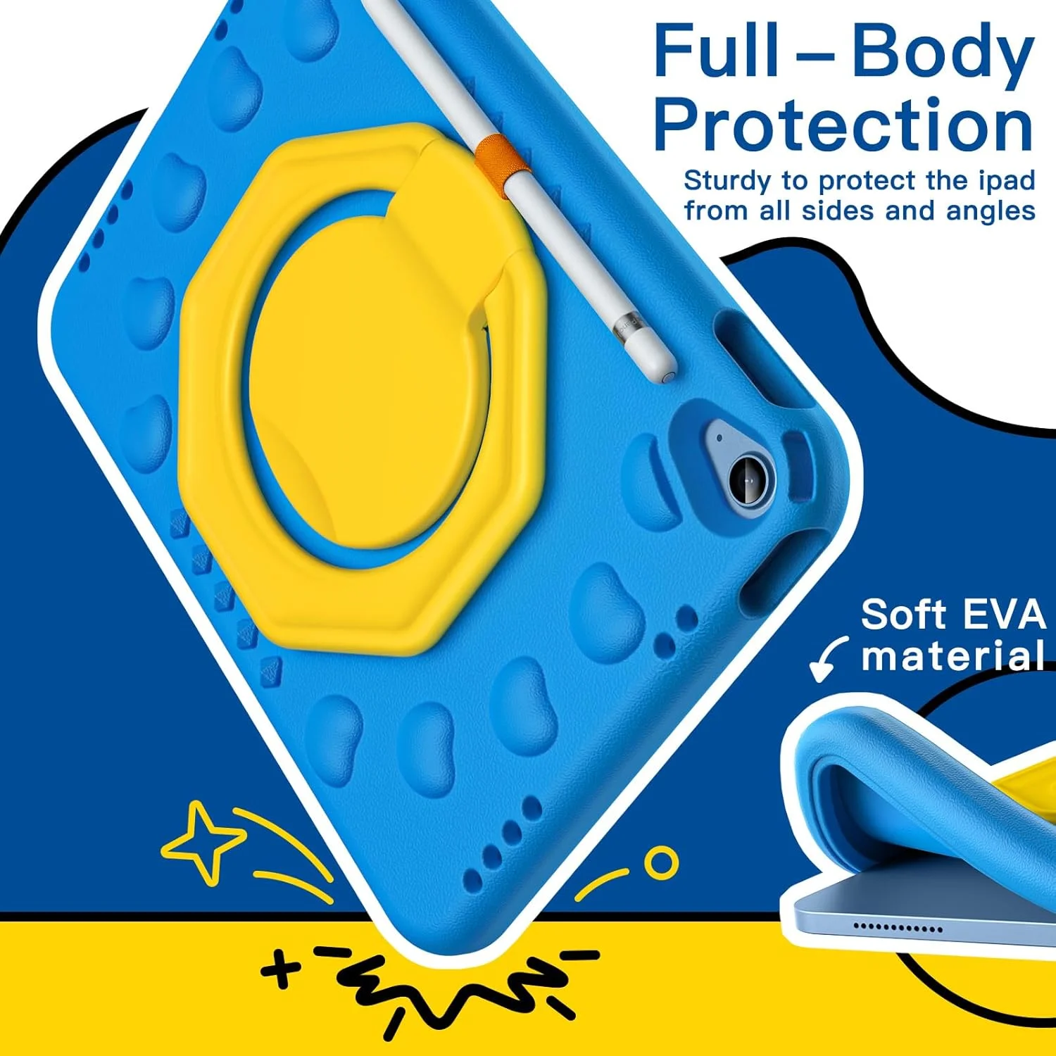 کیف محافظ کودکانه JETech برای آیپد (A16) نسل 11/10 (2025/2022) با استند چرخشی 360 درجه و دسته، کاور تبلت سبک و مقاوم در برابر ضربه با جای قلم (آبی)