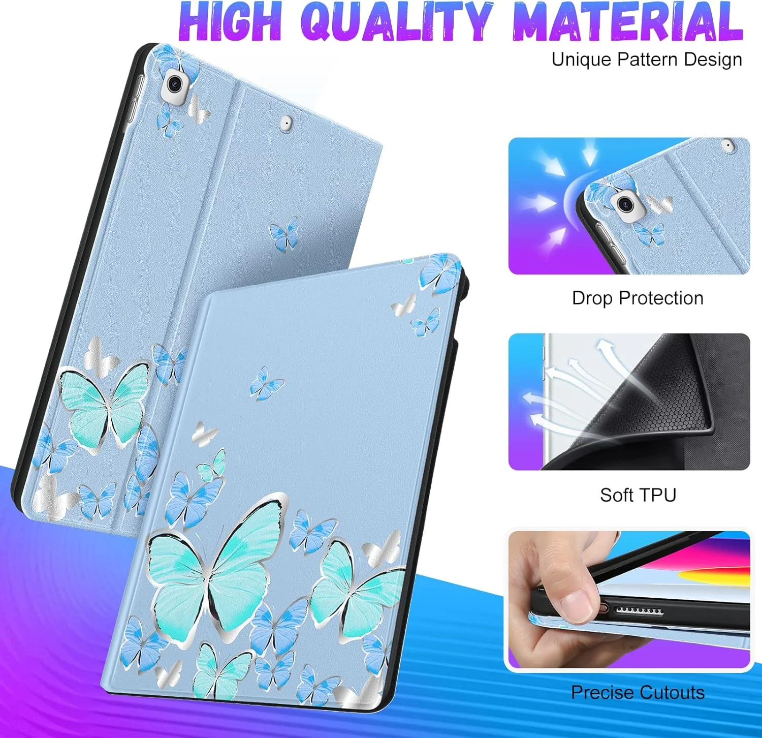 کاور تبلت Uppuppy مناسب برای آیپد نسل 9/8/7 با سایز 10.2 اینچ، دخترانه، طرح پروانه آبی، دارای جای قلم، طراحی زیبا و منحصر به فرد برای آیپد نسل 7/8/9 مدل A2602 A2270 A2197
