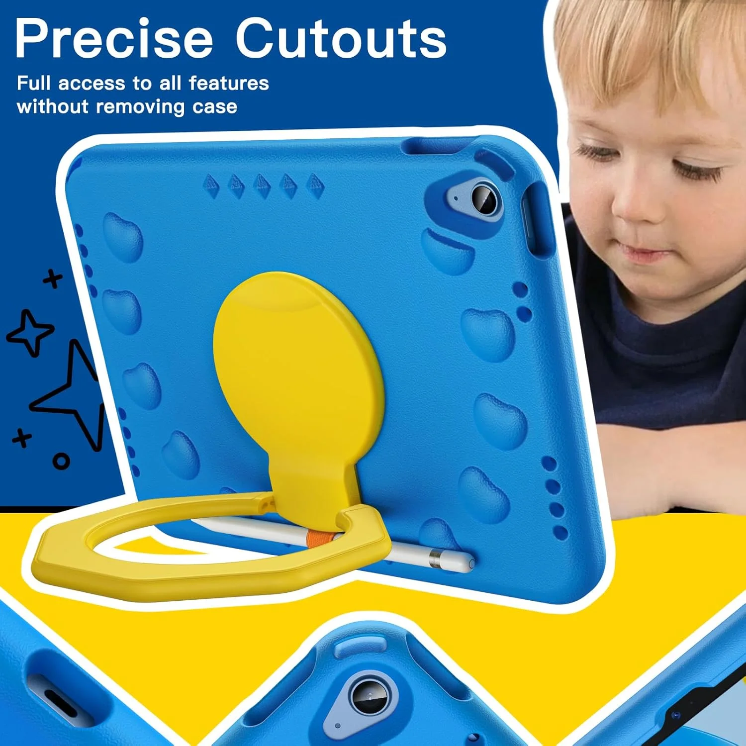 کیف محافظ کودکانه JETech برای آیپد (A16) نسل 11/10 (2025/2022) با استند چرخشی 360 درجه و دسته، کاور تبلت سبک و مقاوم در برابر ضربه با جای قلم (آبی)
