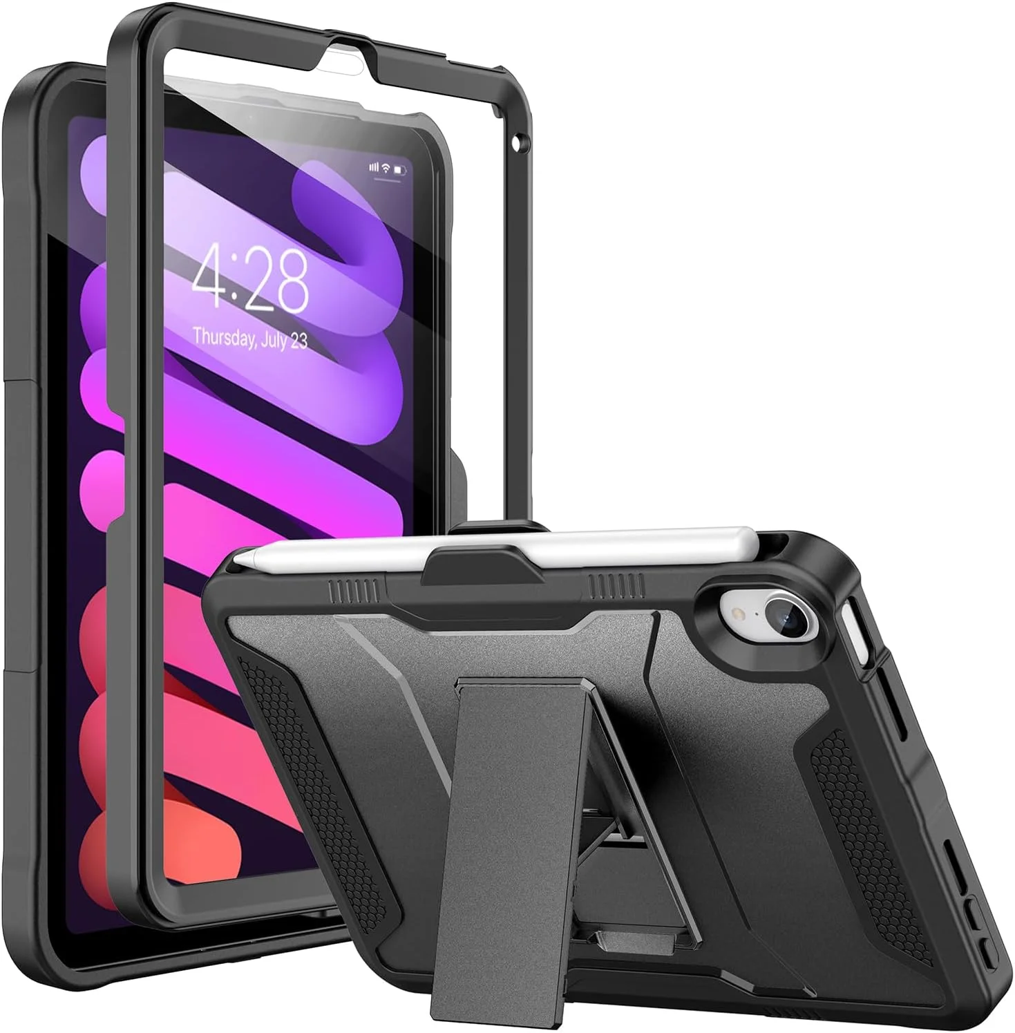 کاور محافظ Soke مناسب برای آیپد مینی 7 (A17 Pro) 2024 / مینی 6 2021 با صفحه نمایش 8.3 اینچی، دارای محافظ صفحه نمایش داخلی و پایه نگهدارنده، کاور محافظ تمام بدنه مقاوم برای اپل مینی نسل 7/6 - مشکی