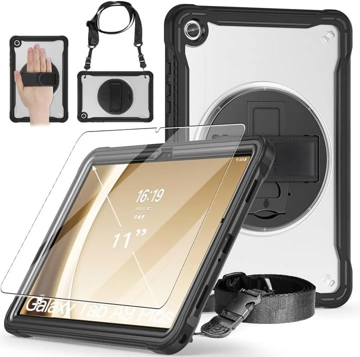 کاور تبلت سامسونگ گلکسی تب A9 پلاس 11 اینچ 2023 مدل JSUSOU، [ضد ضربه] کاور محافظ کامل بدنه به همراه محافظ صفحه نمایش شیشه ای حرارت دیده 9H، پایه نگهدارنده چرخان 360 درجه و بند دستی (مشکی شفاف)