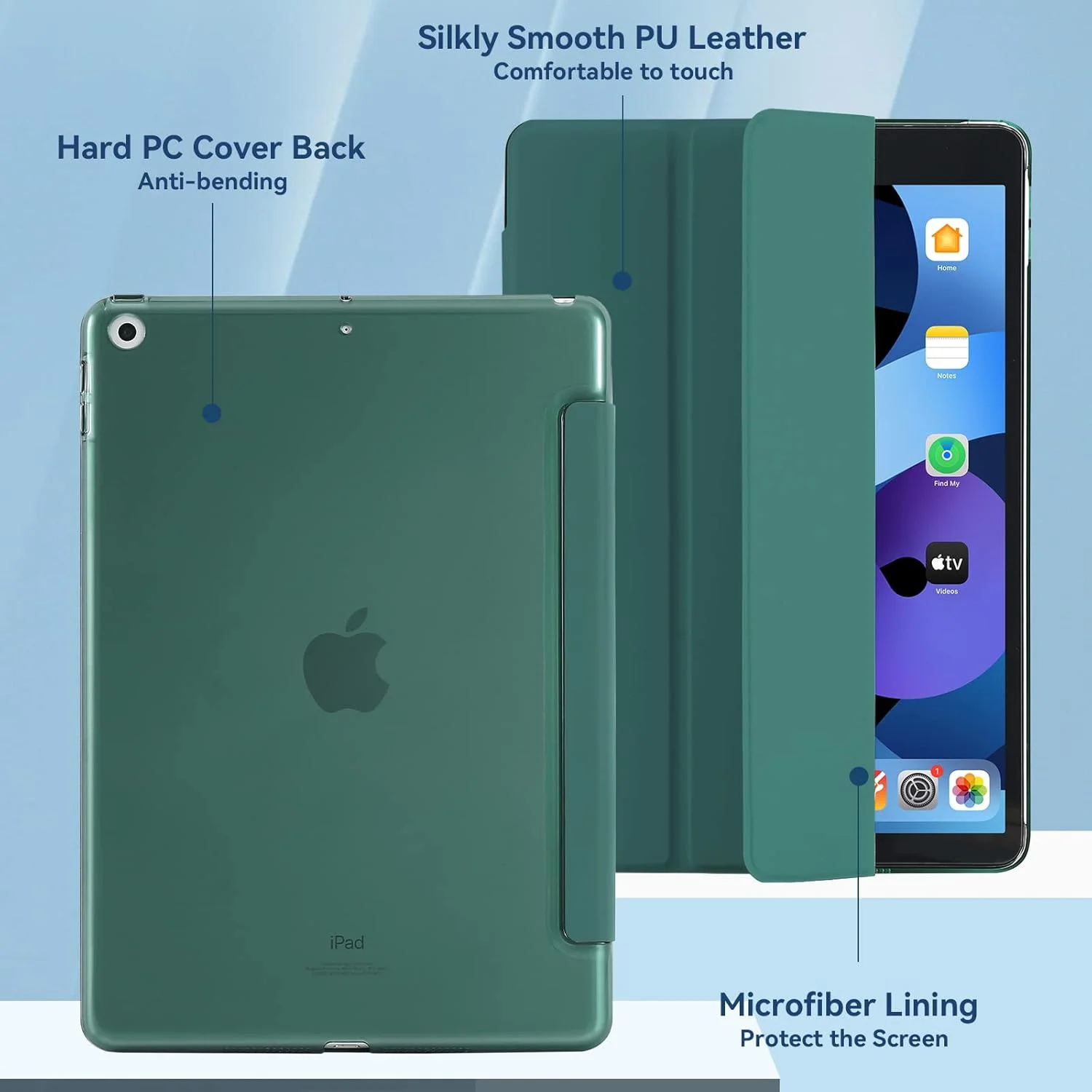 کاور 4UBonLife برای آیپد 10.2 اینچی نسل 9/8/7 سال 2021/2020/2019، کاور محافظ باریک و سبک با پشت سخت و پوشش مات نیمه شفاف، مناسب برای آیپد 9/8/7، سبز تیره