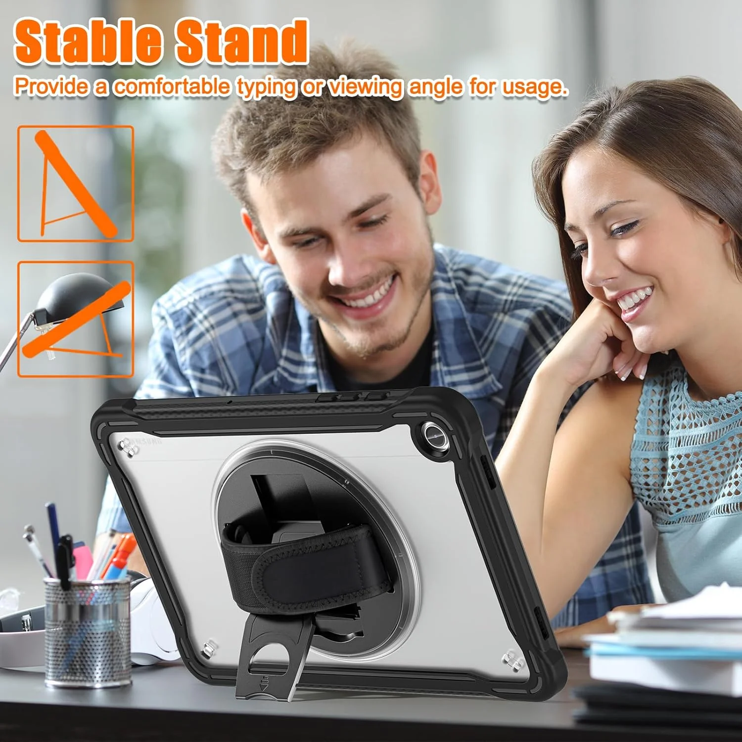 کاور تبلت سامسونگ گلکسی تب A9 پلاس 11 اینچ 2023 مدل JSUSOU، [ضد ضربه] کاور محافظ کامل بدنه به همراه محافظ صفحه نمایش شیشه ای حرارت دیده 9H، پایه نگهدارنده چرخان 360 درجه و بند دستی (مشکی شفاف)