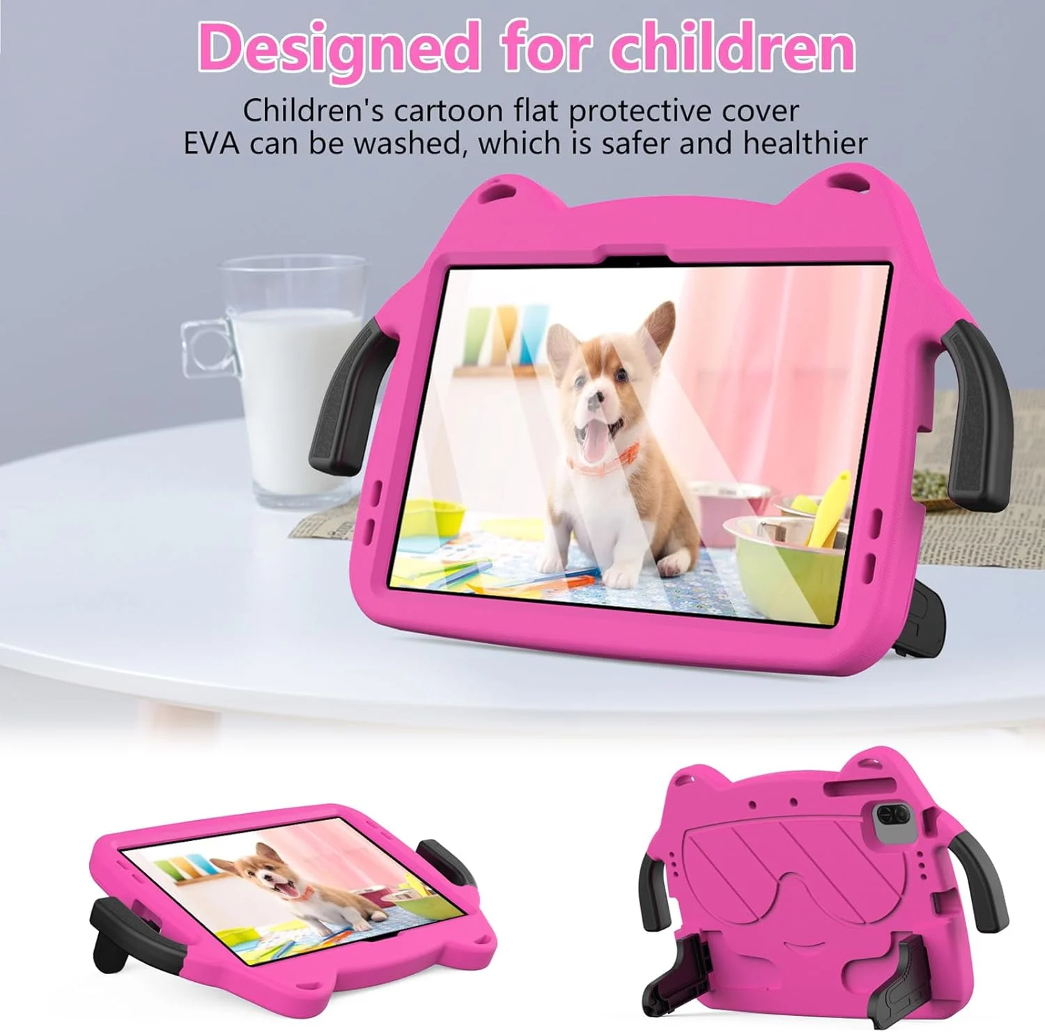 کیف محافظ کودکانه مناسب برای تبلت آنر پد X8a 11 اینچ 2024، کاور محافظ مقاوم در برابر ضربه با دسته و پایه، دارای بند شانه، رز مشکی