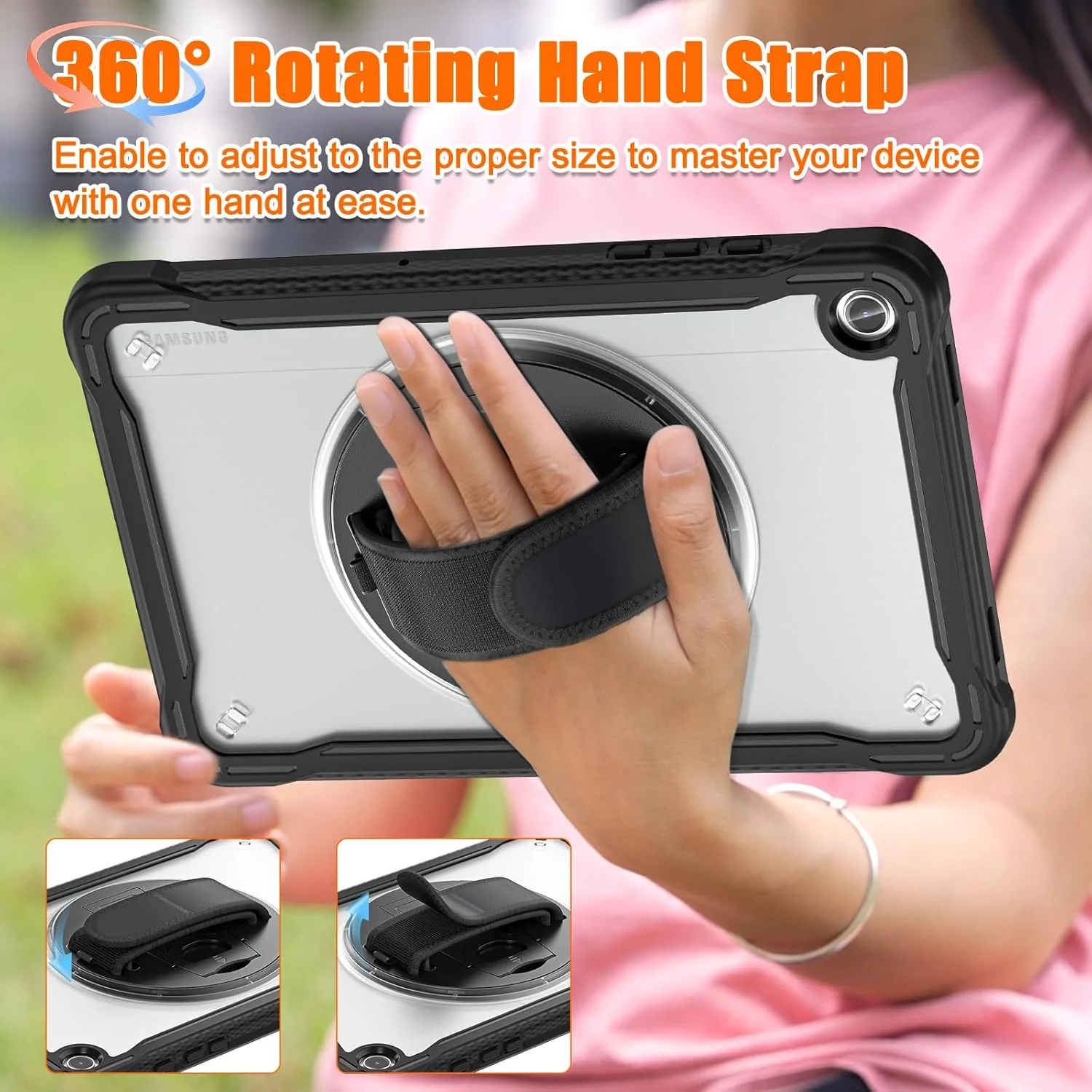 کاور تبلت سامسونگ گلکسی تب A9 پلاس 11 اینچ 2023 مدل JSUSOU، [ضد ضربه] کاور محافظ کامل بدنه به همراه محافظ صفحه نمایش شیشه ای حرارت دیده 9H، پایه نگهدارنده چرخان 360 درجه و بند دستی (مشکی شفاف)