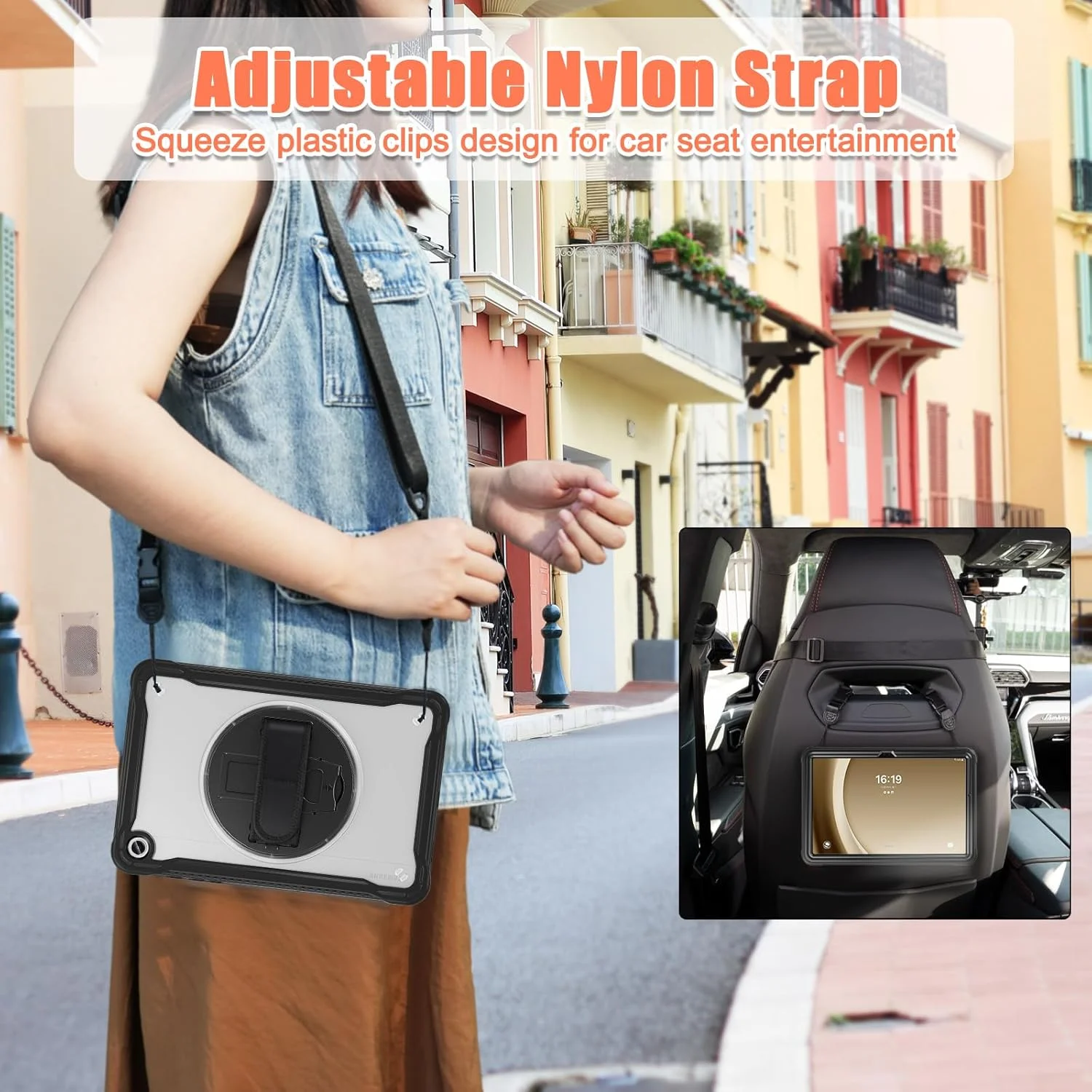 کاور تبلت سامسونگ گلکسی تب A9 پلاس 11 اینچ 2023 مدل JSUSOU، [ضد ضربه] کاور محافظ کامل بدنه به همراه محافظ صفحه نمایش شیشه ای حرارت دیده 9H، پایه نگهدارنده چرخان 360 درجه و بند دستی (مشکی شفاف)