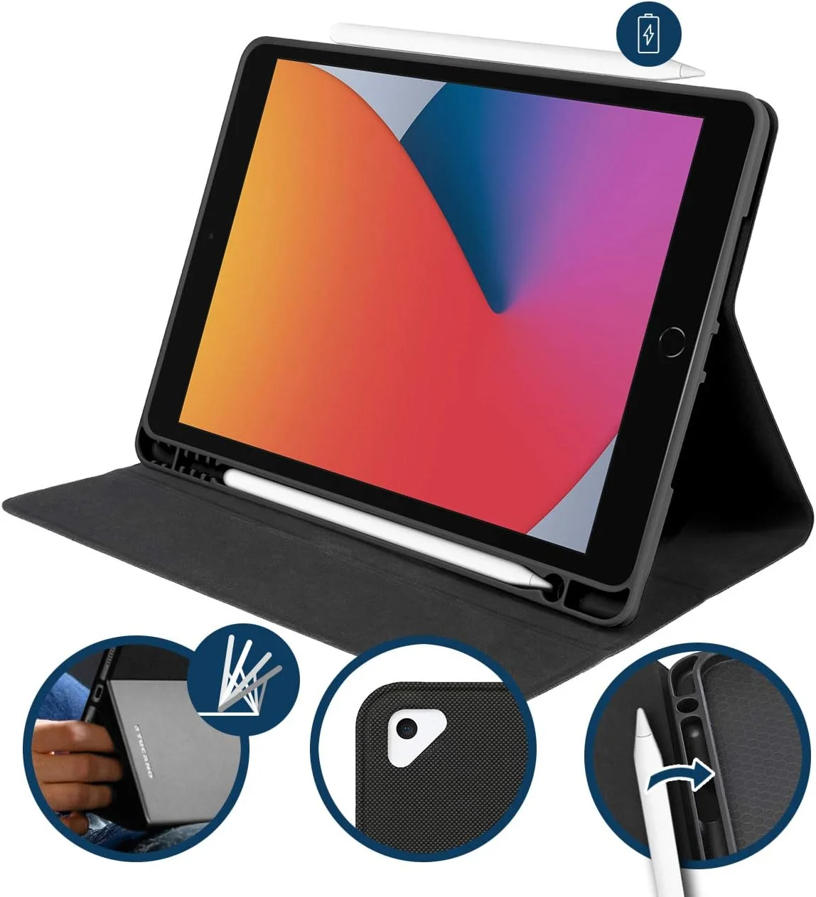 کیف تبلت توکانو مناسب برای آیپد 10.2 اینچ (2020) مدل Up Plus Folio، کیف محافظ TPU با پوشش داخلی ضد خش و محفظه قلم اپل - مشکی (IPD102UPP-BK)