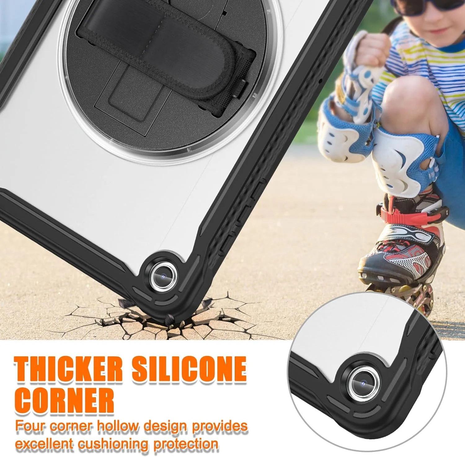 کاور تبلت سامسونگ گلکسی تب A9 پلاس 11 اینچ 2023 مدل JSUSOU، [ضد ضربه] کاور محافظ کامل بدنه به همراه محافظ صفحه نمایش شیشه ای حرارت دیده 9H، پایه نگهدارنده چرخان 360 درجه و بند دستی (مشکی شفاف)