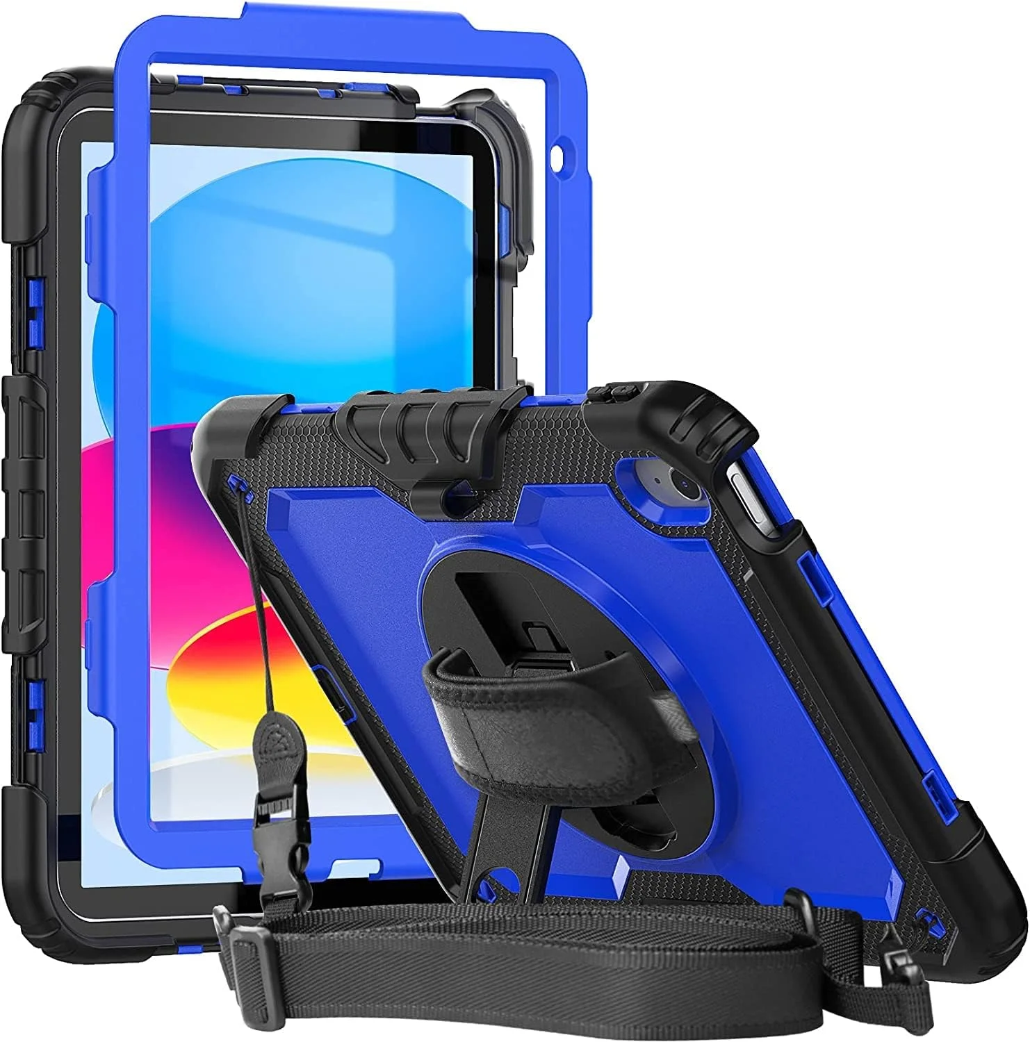 کیف محافظ Herize مناسب برای آیپد نسل 10/11 (A16) 10.9 اینچ 2022/2025 به همراه محافظ صفحه نمایش | کیف محافظ بادوام و مقاوم در برابر ضربه با پایه چرخان، بند دستی و بند شانه برای آیپد A2757/A2777