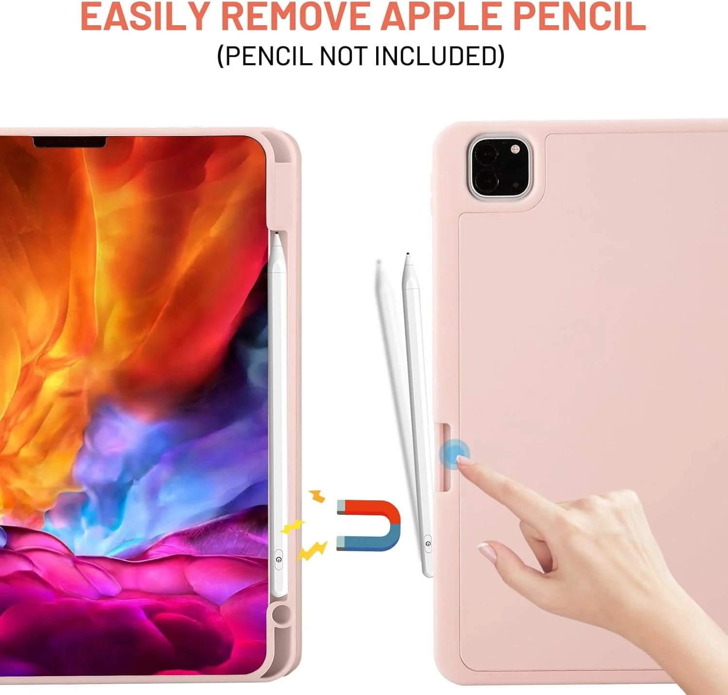 کیف پالکیتسی سازگار با آیپد پرو 11 اینچ 2022/2021/2020، کاور آیپد پرو 11 اینچ با نگهدارنده قلم، کاور محافظ سه تایی با قابلیت پشتیبانی از شارژ نسل دوم آیپد پنسل، حالت خواب/بیدار خودکار، صورتی